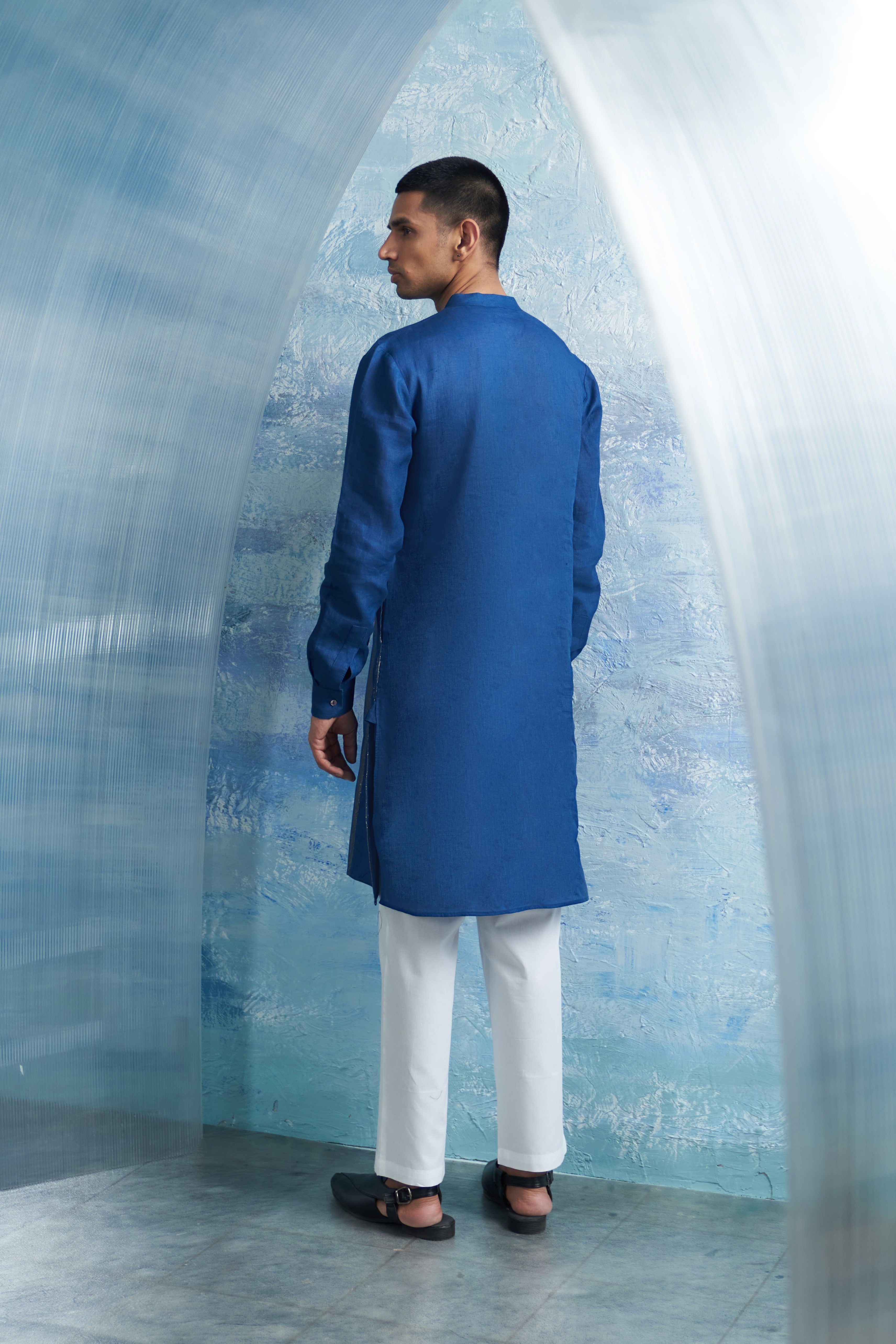 CY Charkhee Royal Blue Placket Kurta And Jacket Back 1