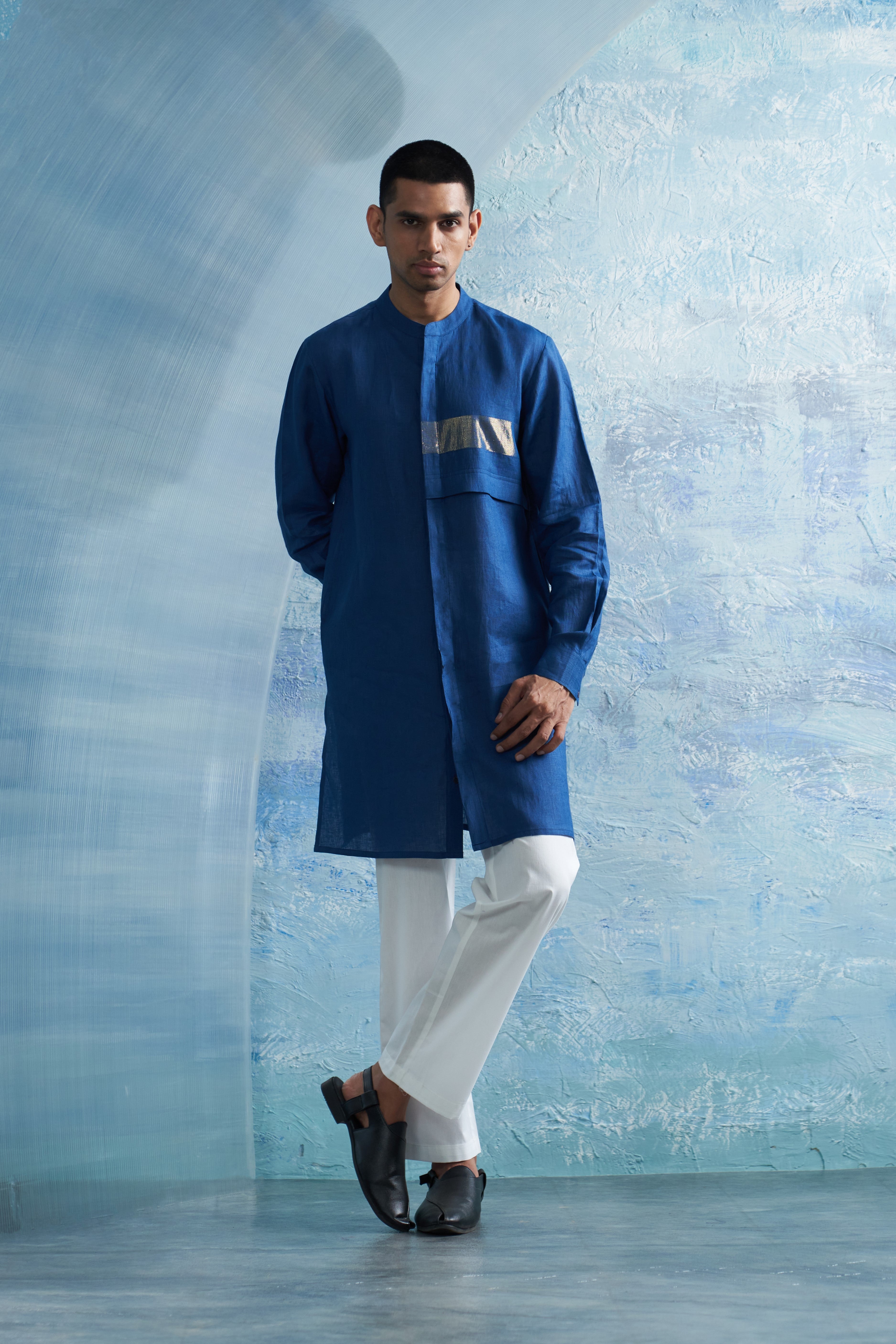 CY Charkhee Royal Blue Placket Kurta Front 1