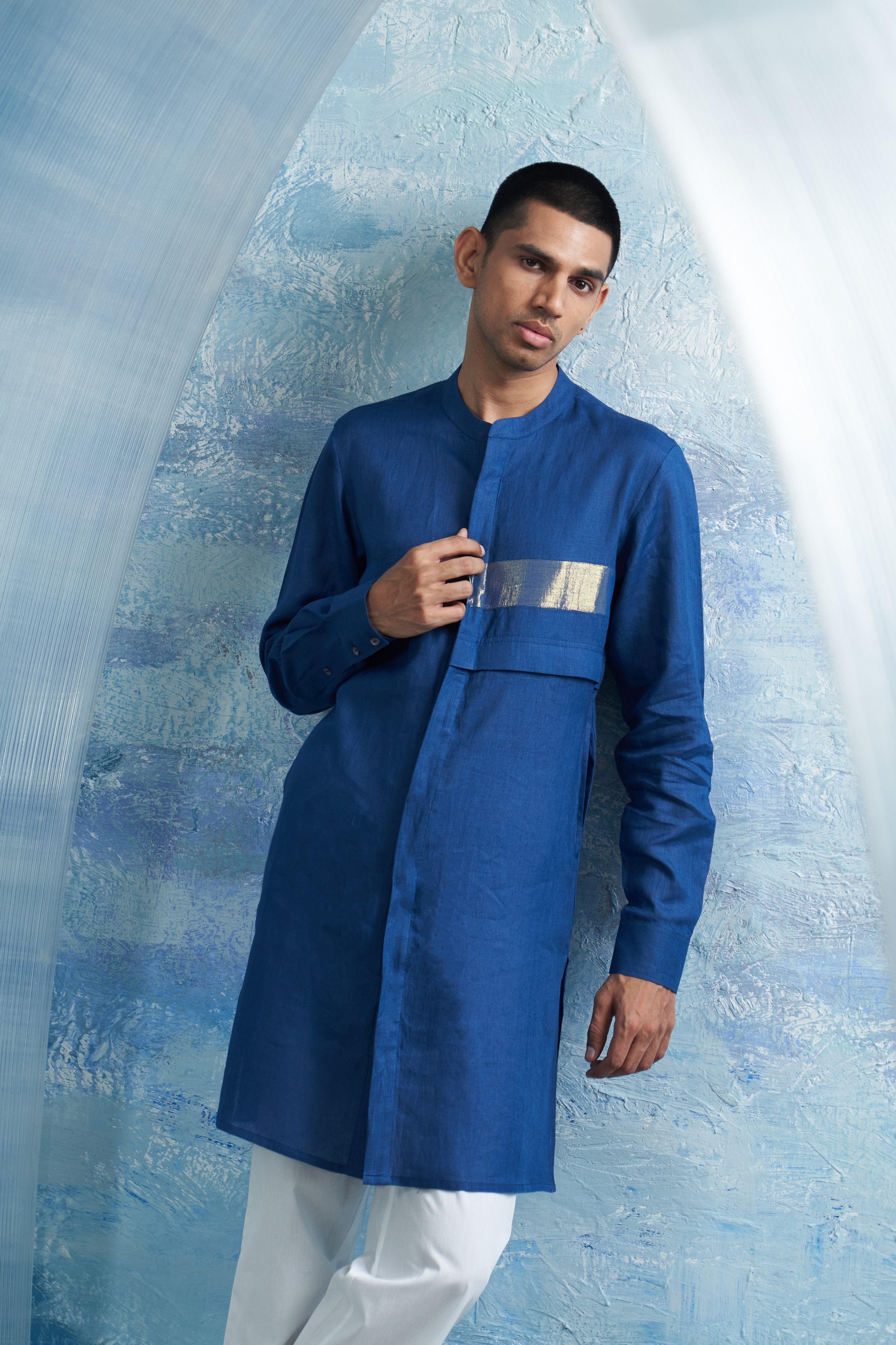 CY Charkhee Royal Blue Placket Kurta Closeup 1