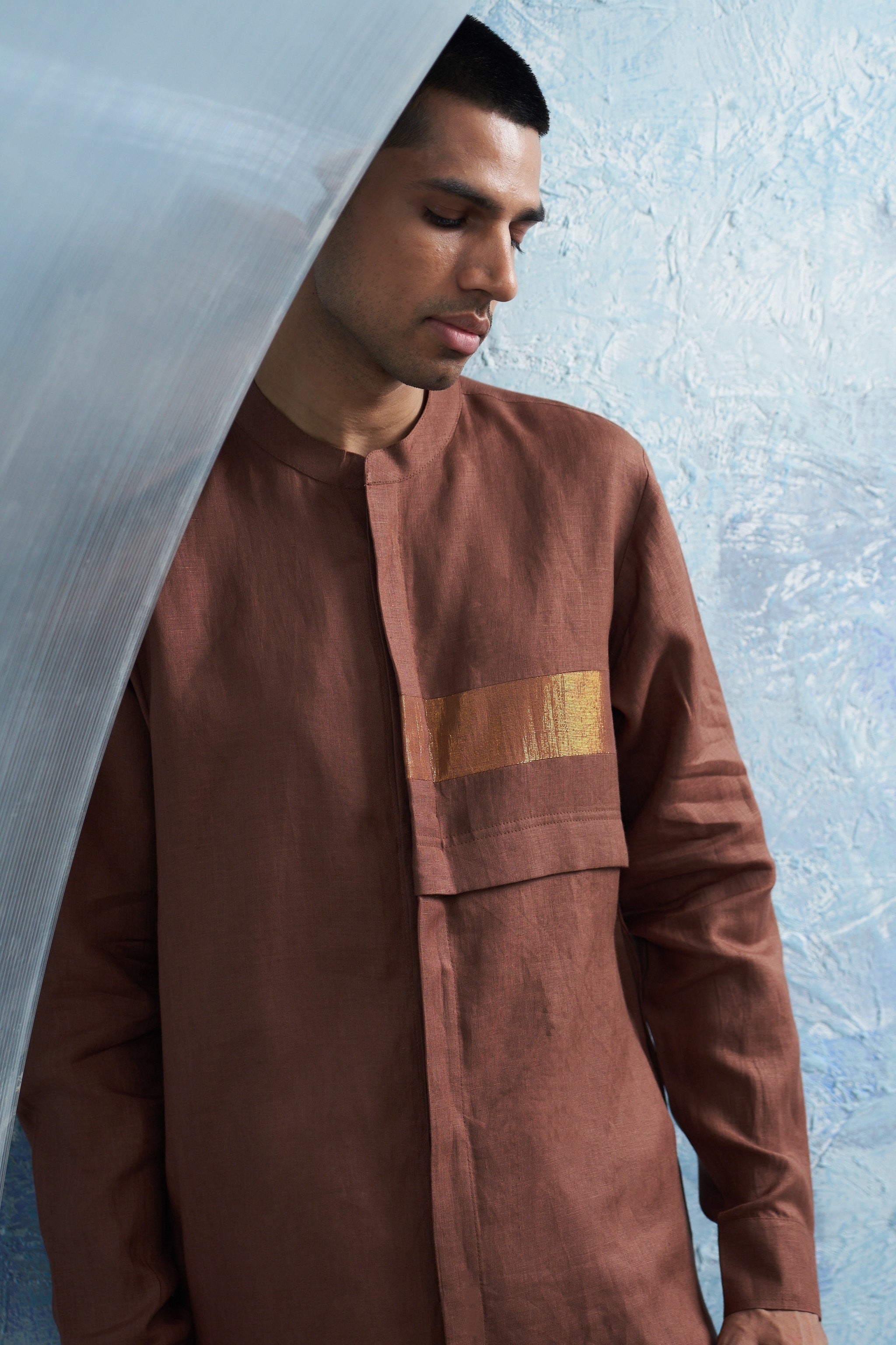 CY Charkhee Aura Woody Brown Placket Kurta Closeup 2