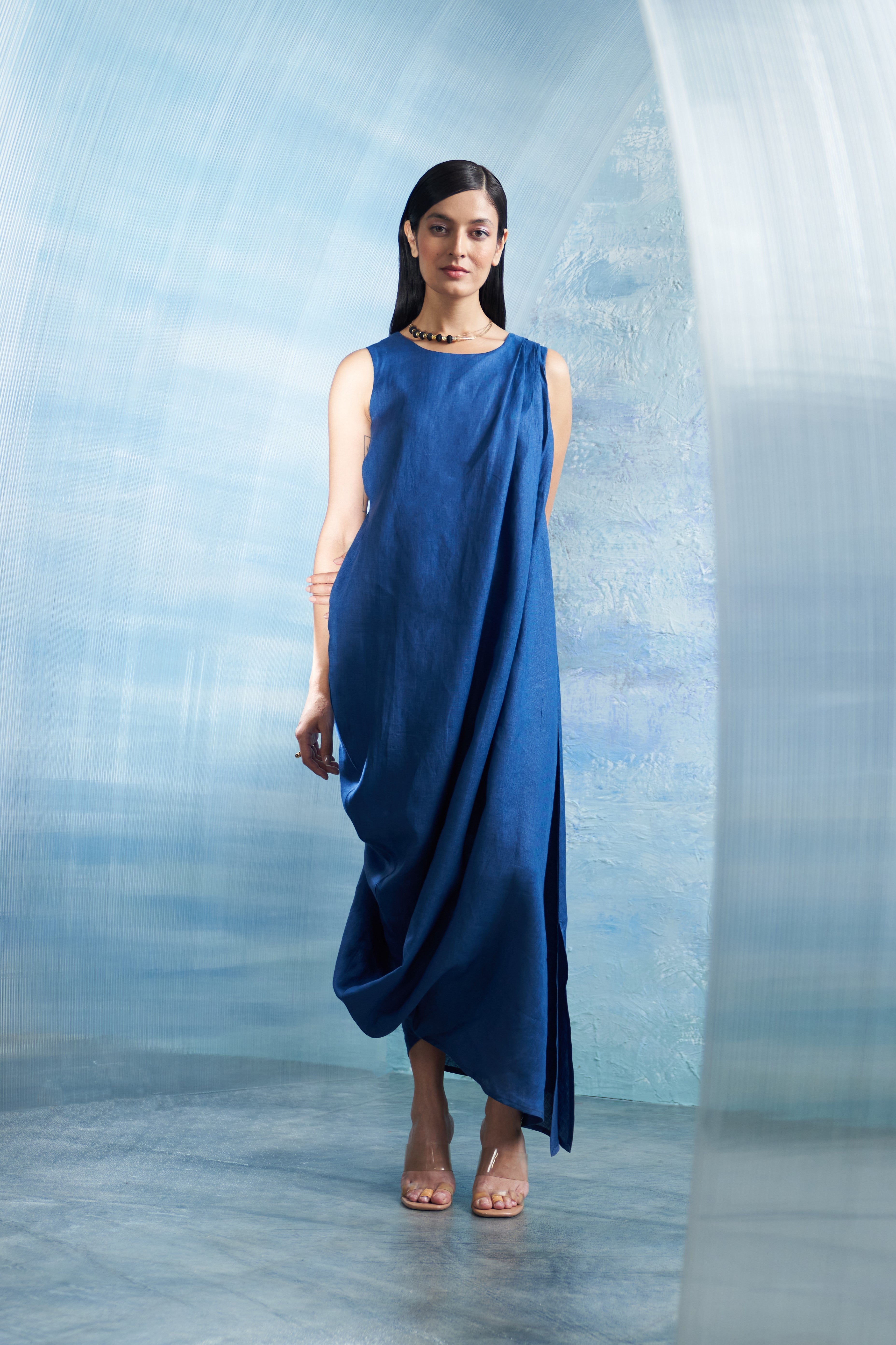 CY Charkhee Aura Royal Blue Linen Drape Dress Front 2