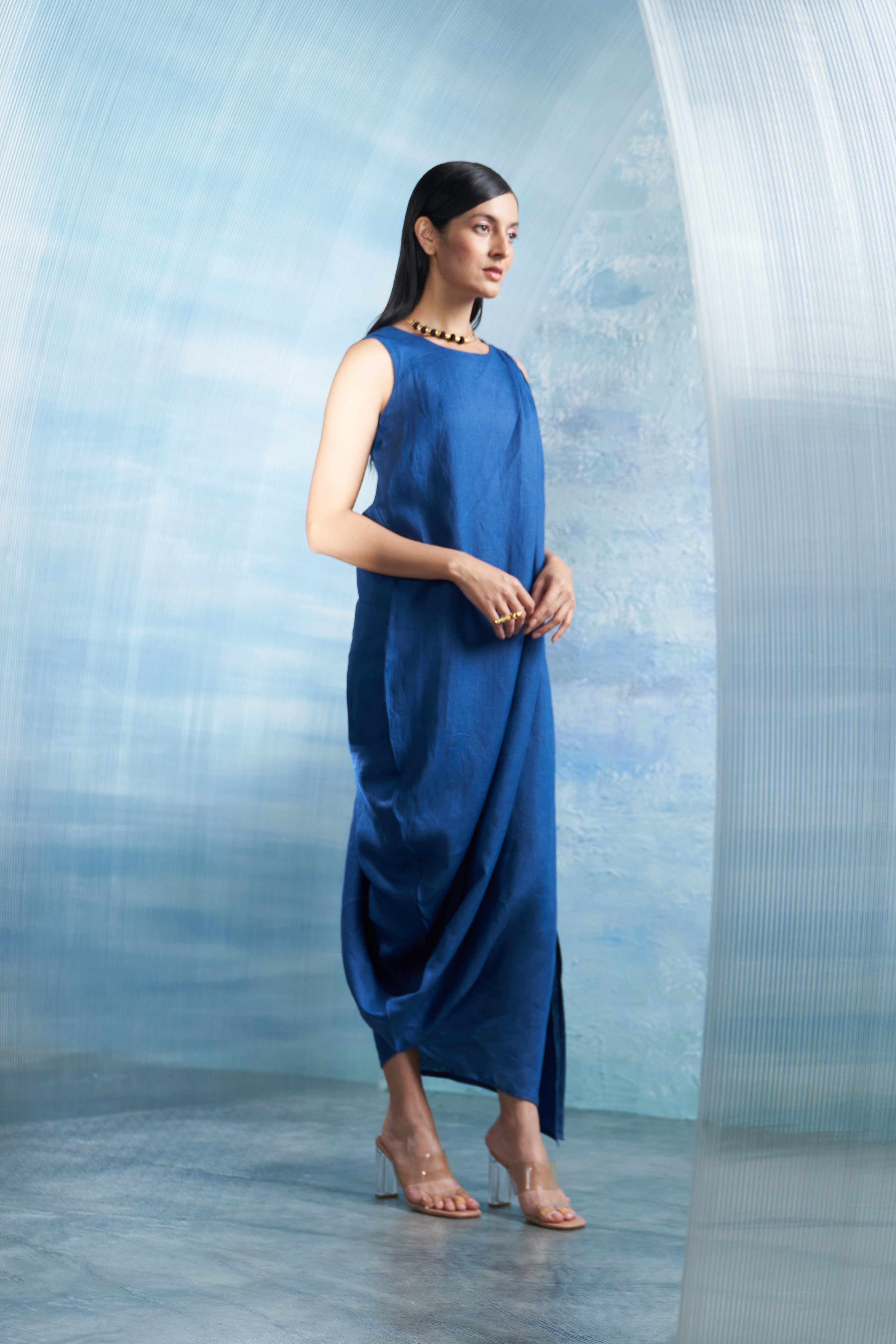 CY Charkhee Aura Royal Blue Linen Drape Dress Side 1