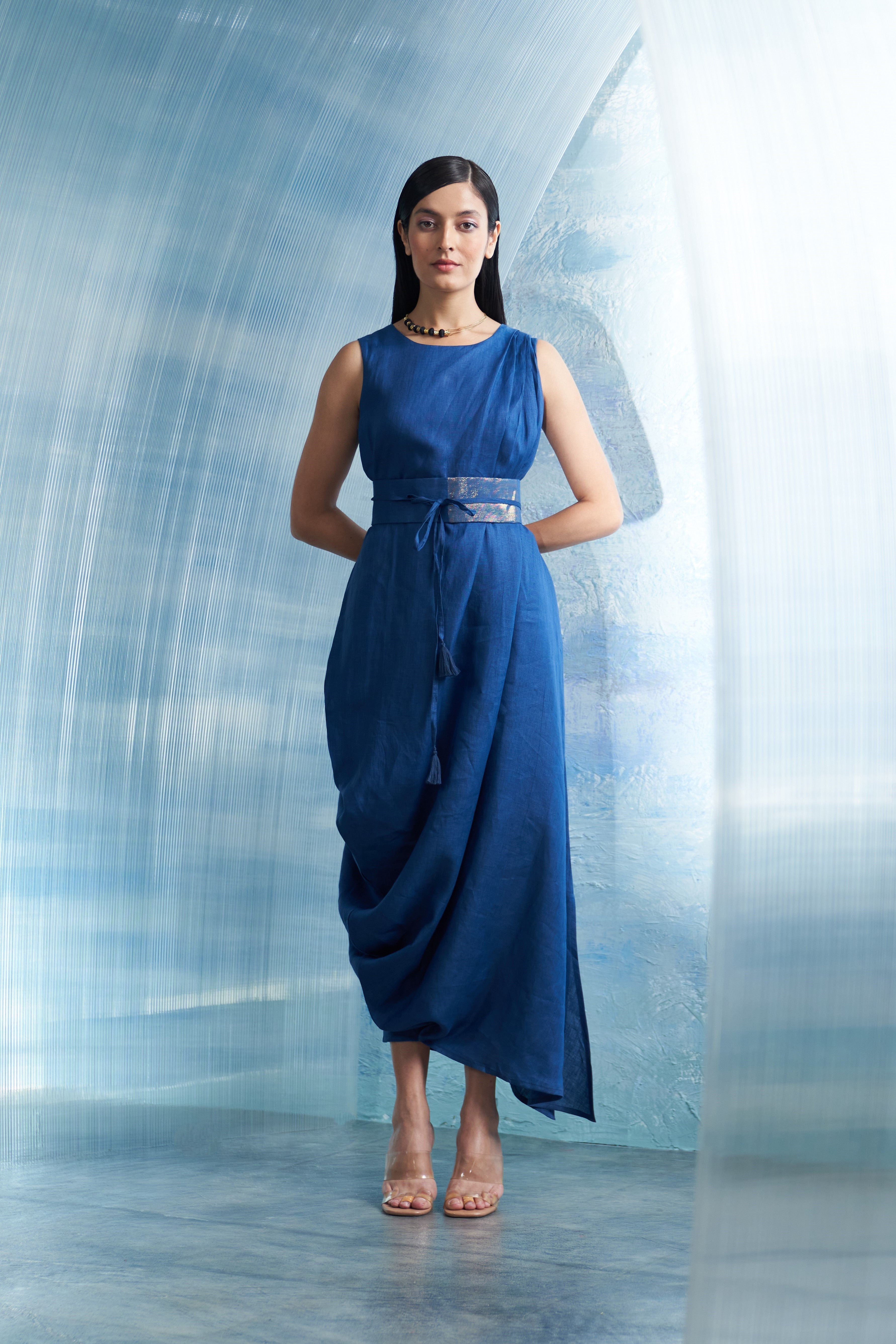 CY Charkhee Aura Royal Blue Linen Drape Dress Front 1