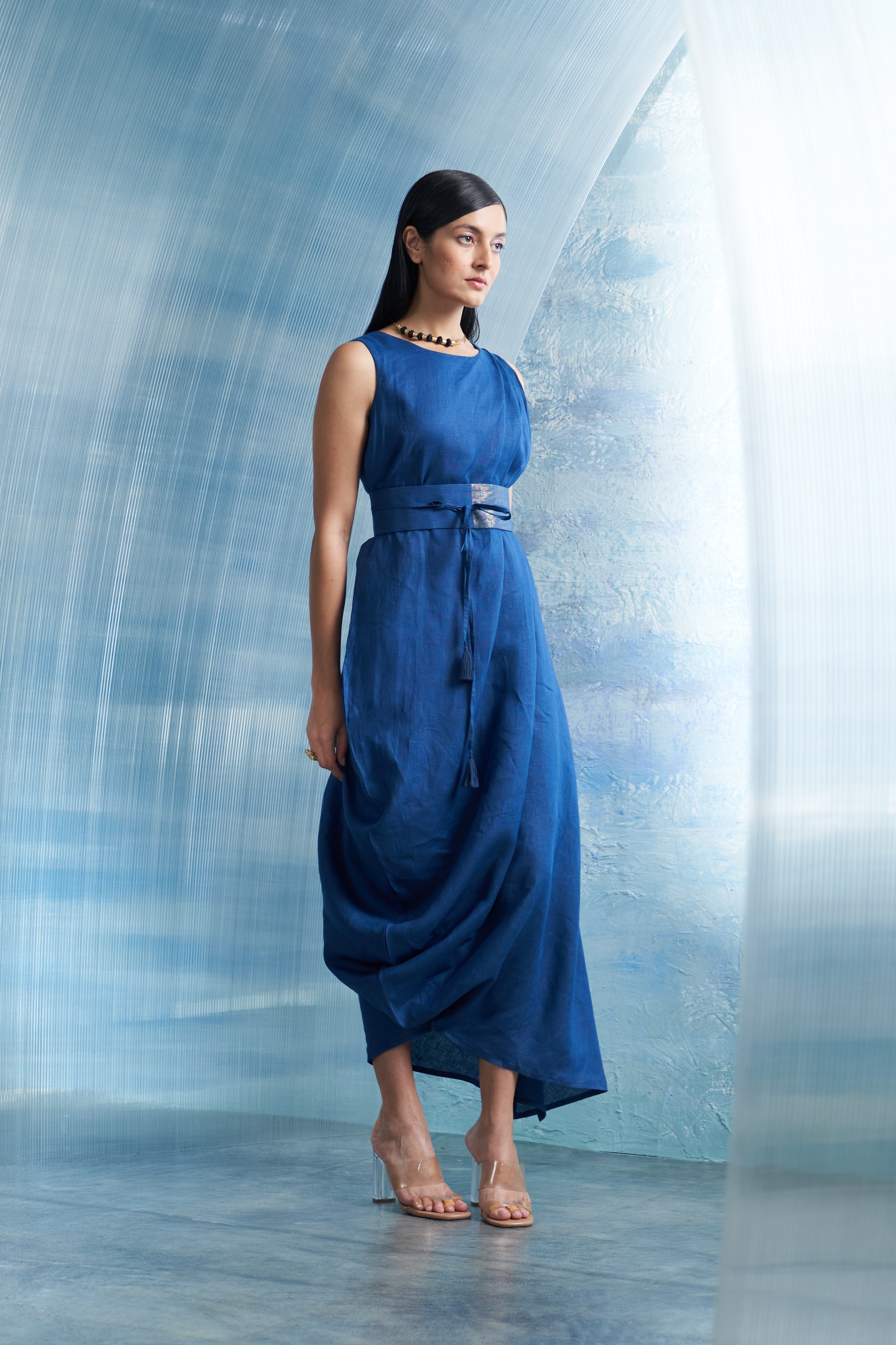 CY Charkhee Aura Royal Blue Linen Drape Dress Side 2