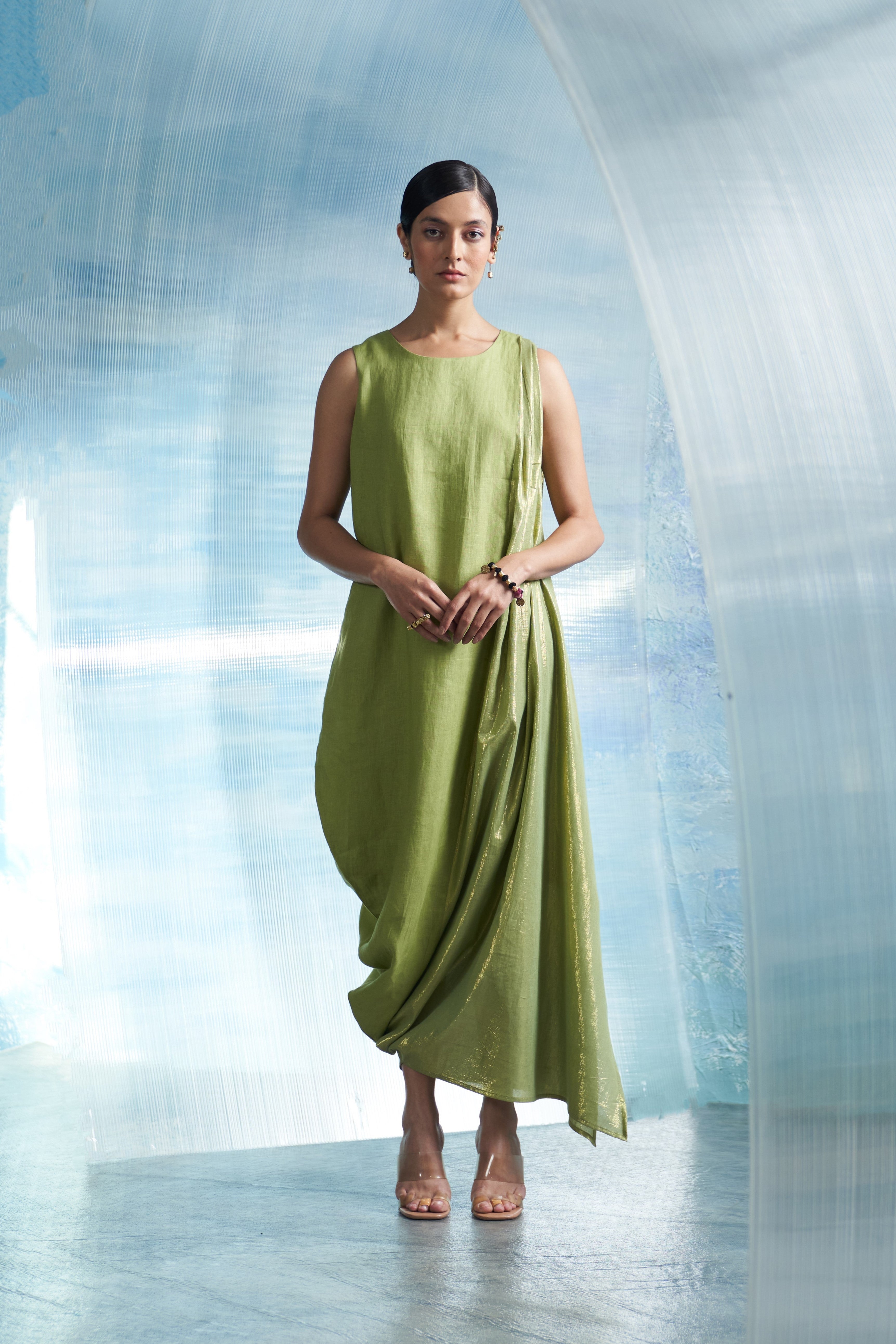 CY Charkhee Aura Sheen Green Linen Drape Dress Front 2