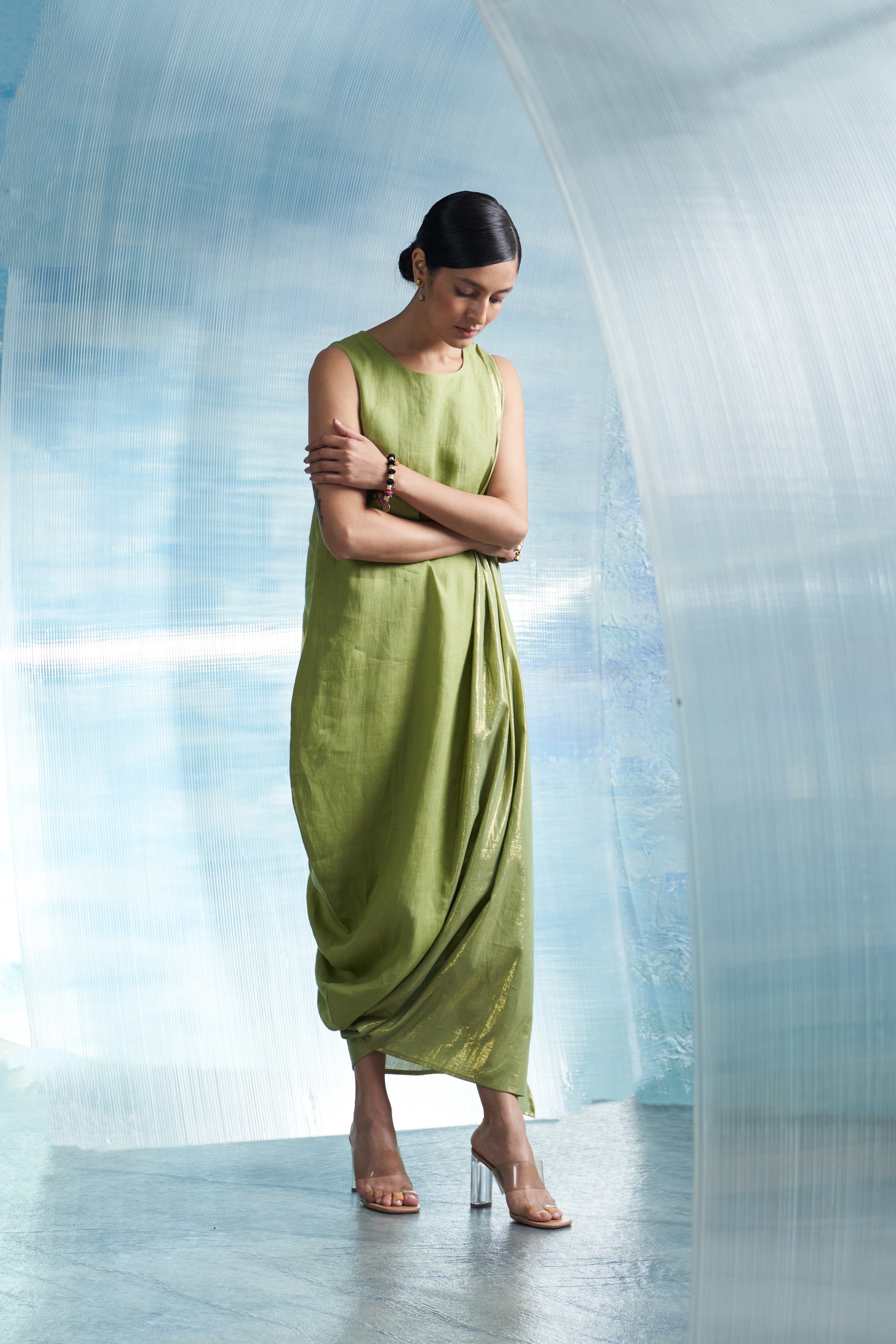 CY Charkhee Aura Sheen Green Linen Drape Dress Side 2