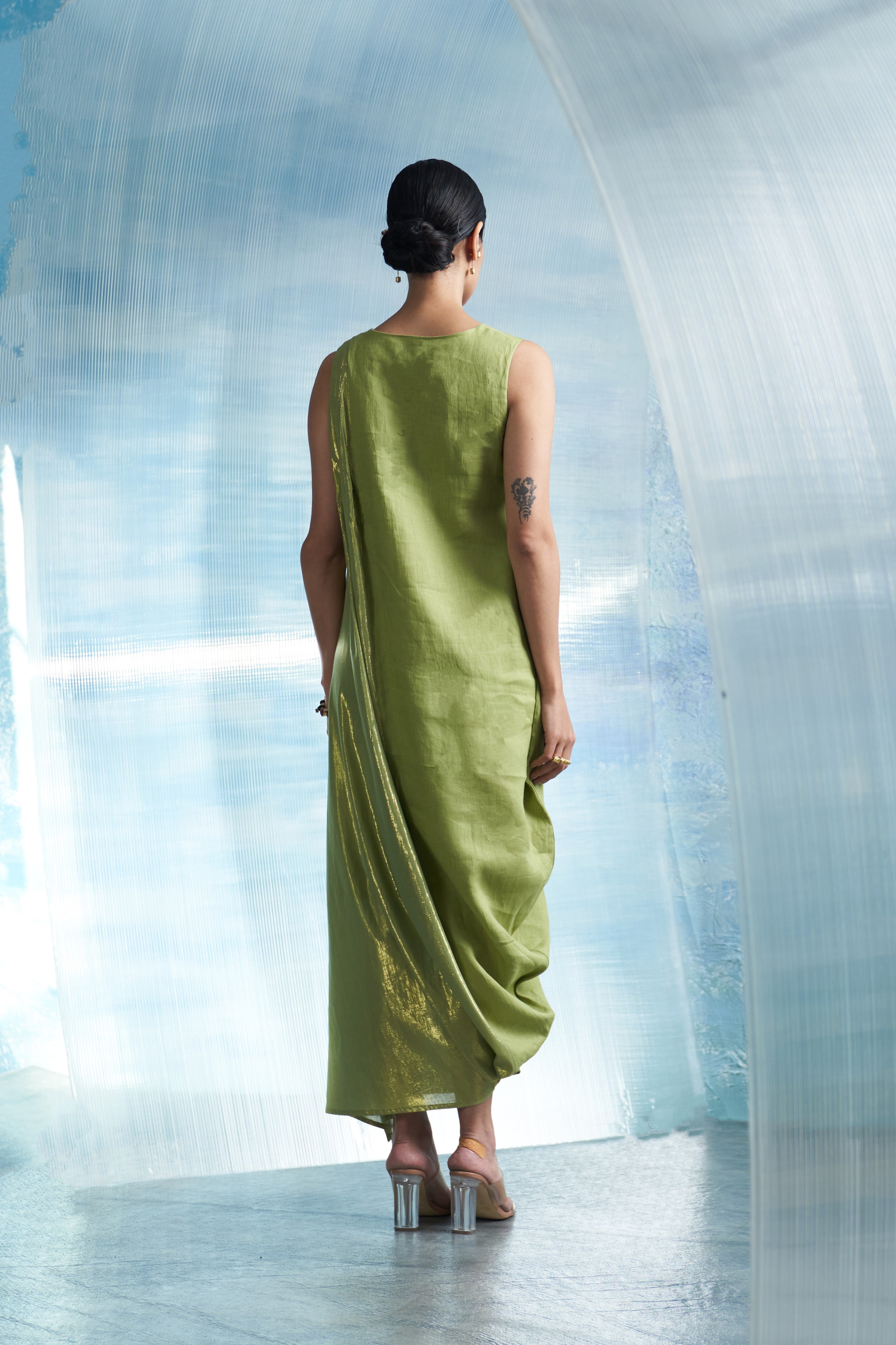 CY Charkhee Aura Sheen Green Linen Drape Dress Back 1