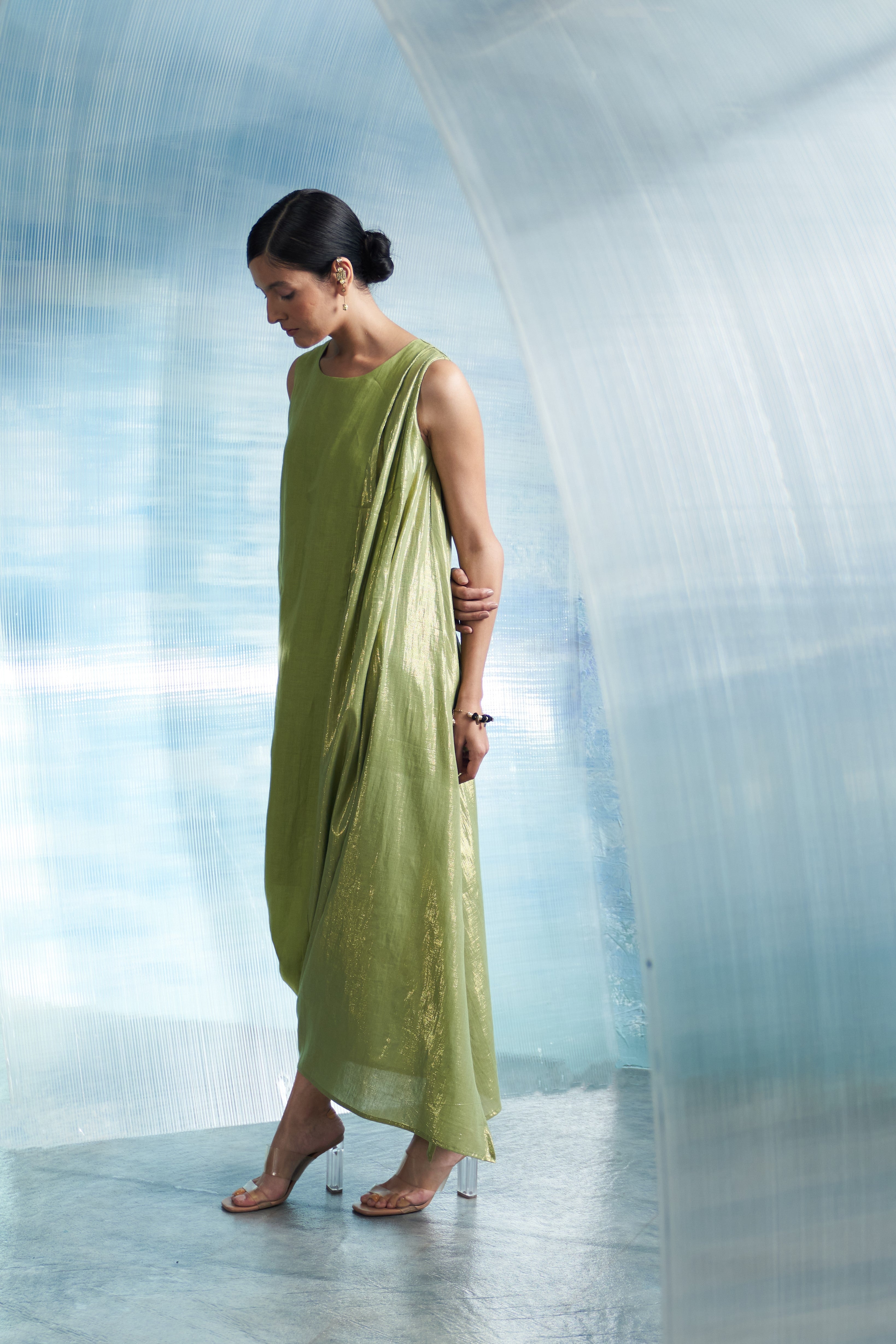 CY Charkhee Aura Sheen Green Linen Drape Dress Side 1