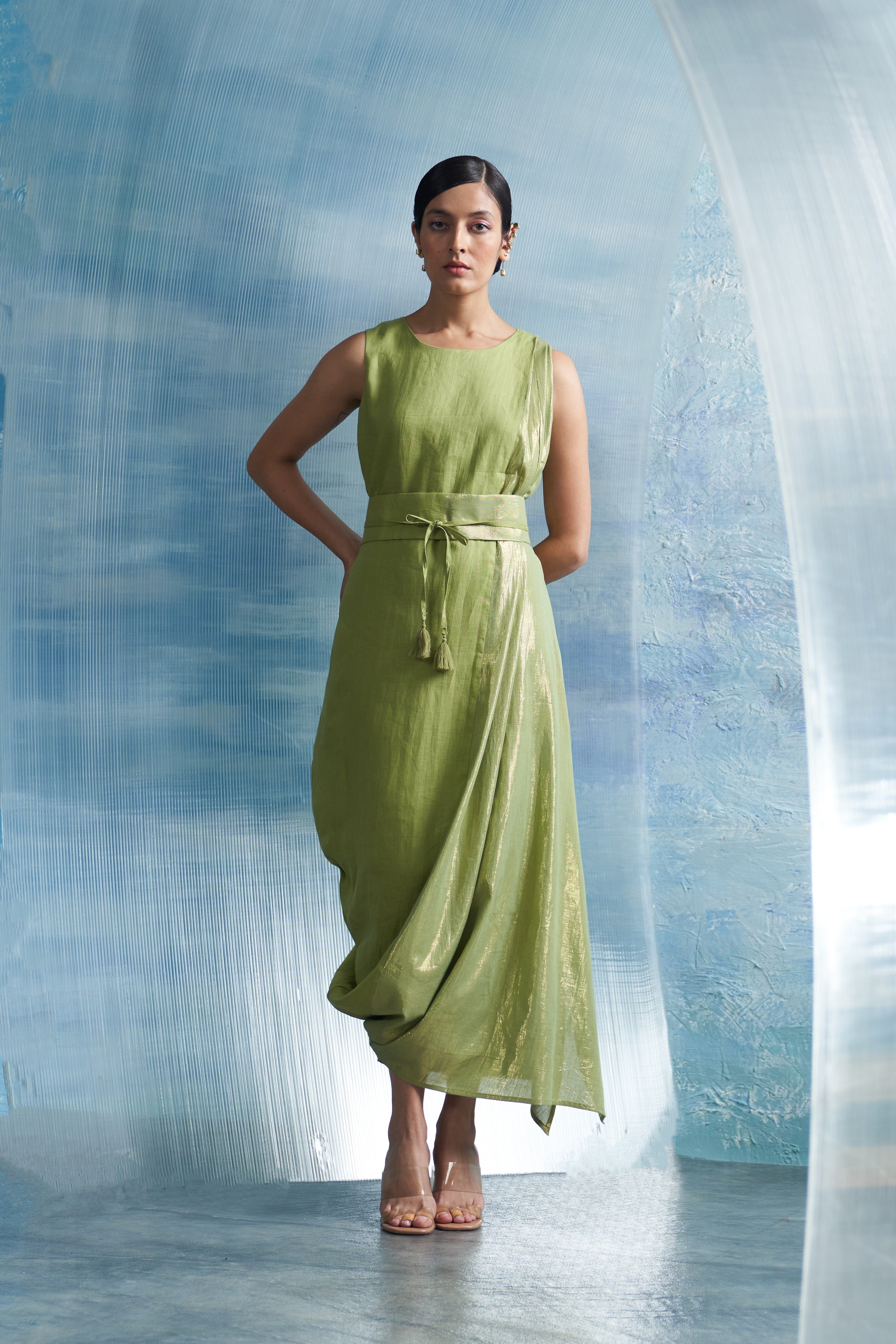 CY Charkhee Aura Sheen Green Linen Drape Dress Front 1