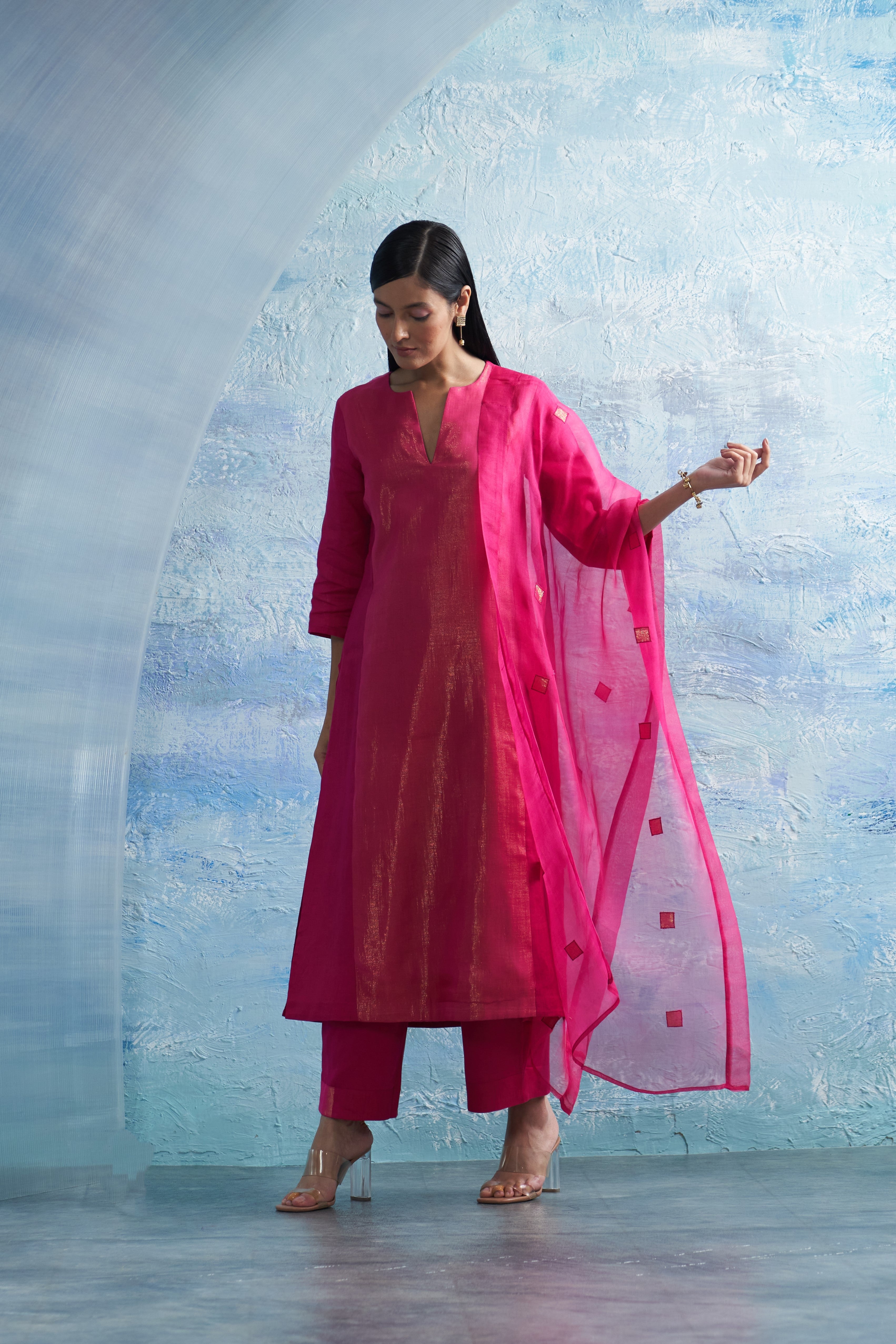 CY Charkhee Aura Fuchsia Notch-Neck Wrap Kurta Front 1