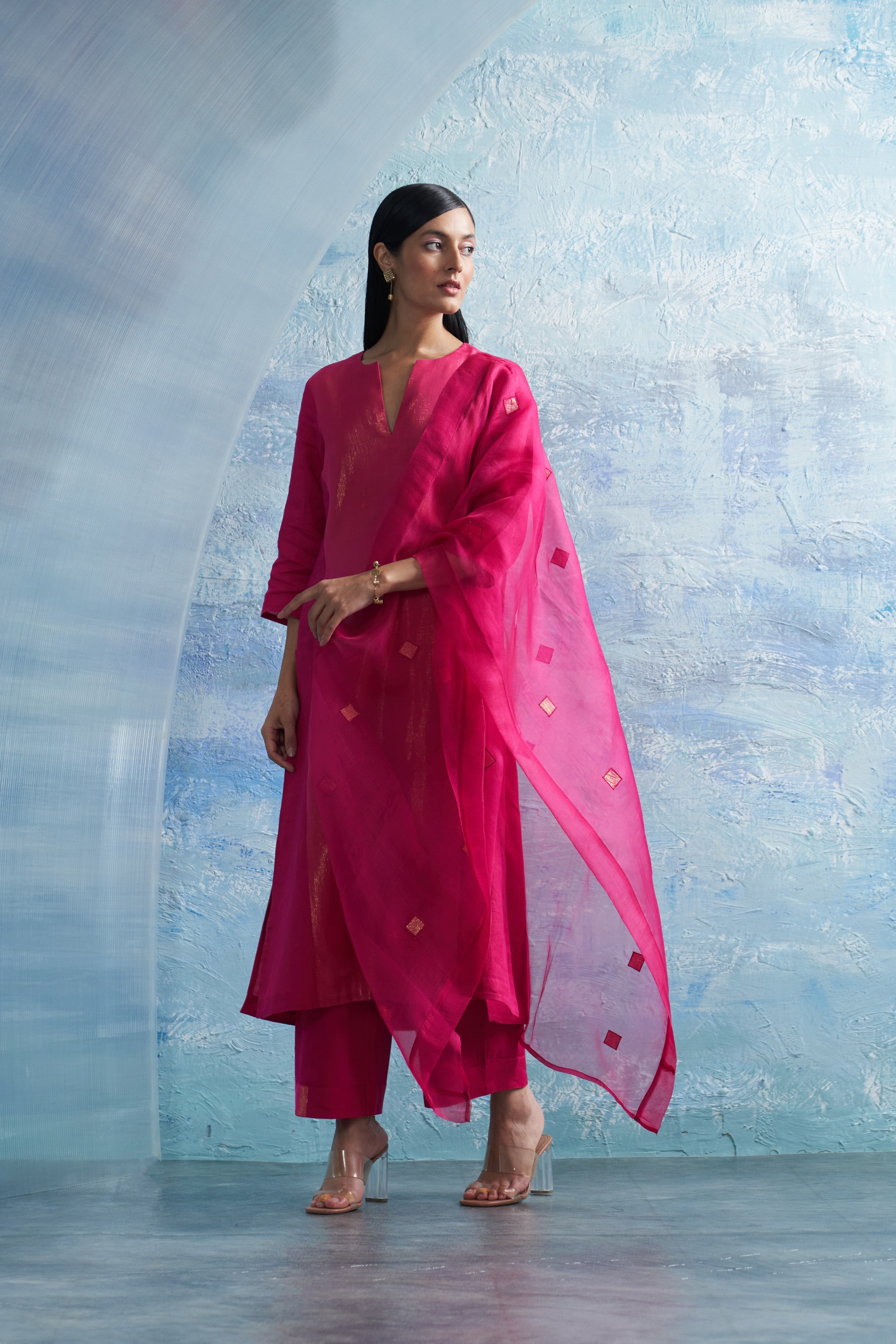 CY Charkhee Aura Fuchsia Notch-Neck Wrap Kurta Front 2