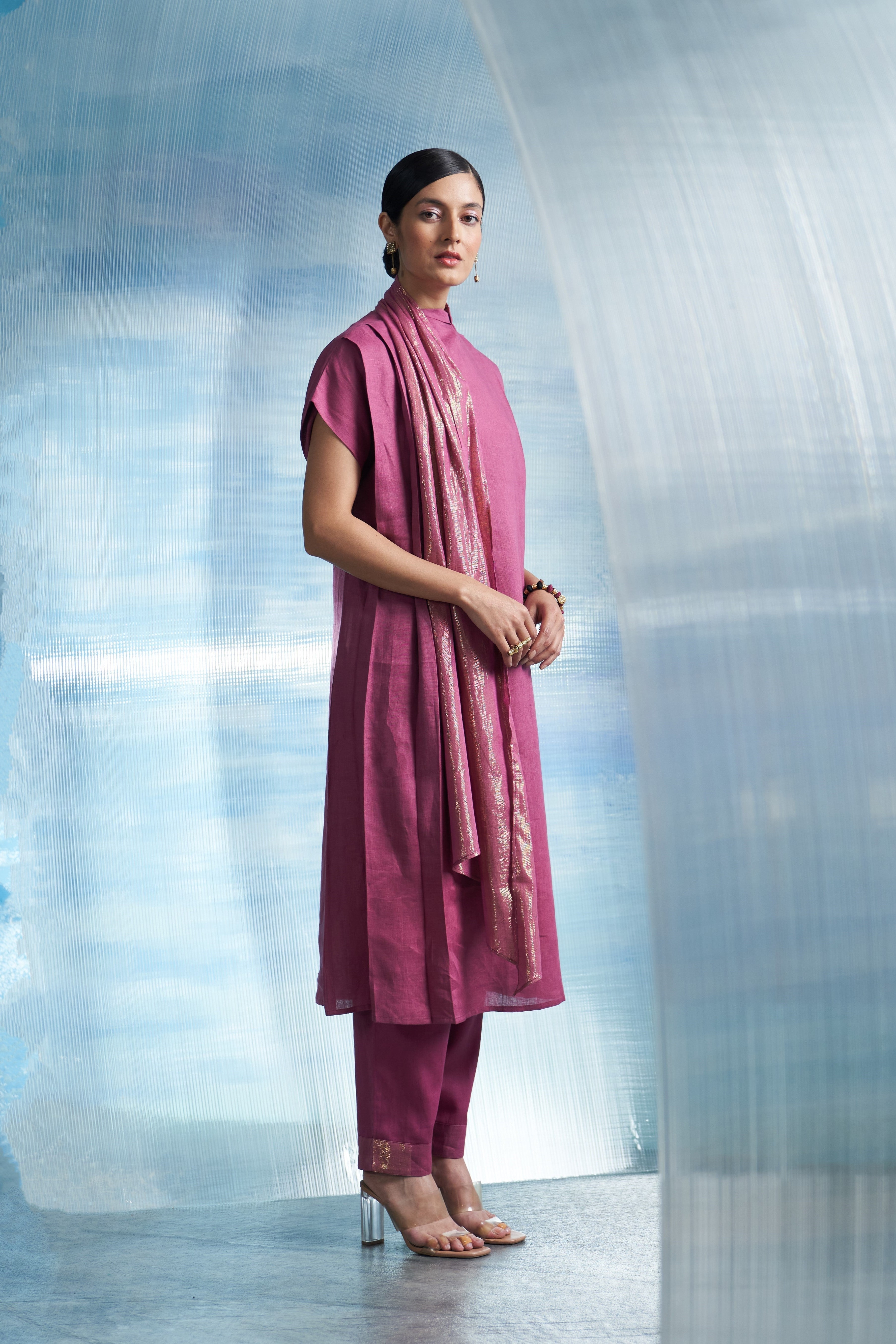 CY Charkhee Aura Grape Pink Scarf Kurta Side 1