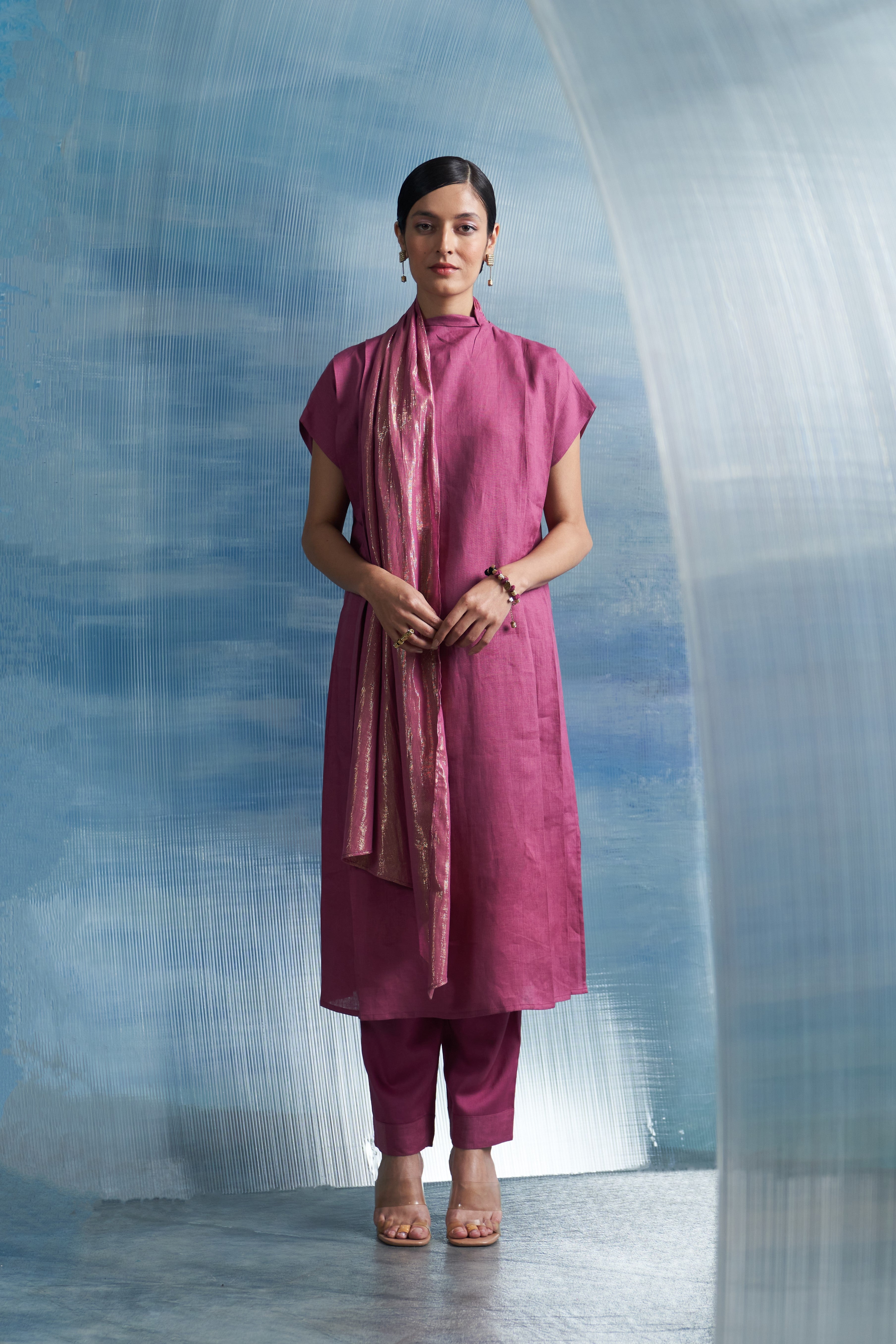 CY Charkhee Aura Grape Pink Scarf Kurta Front 1