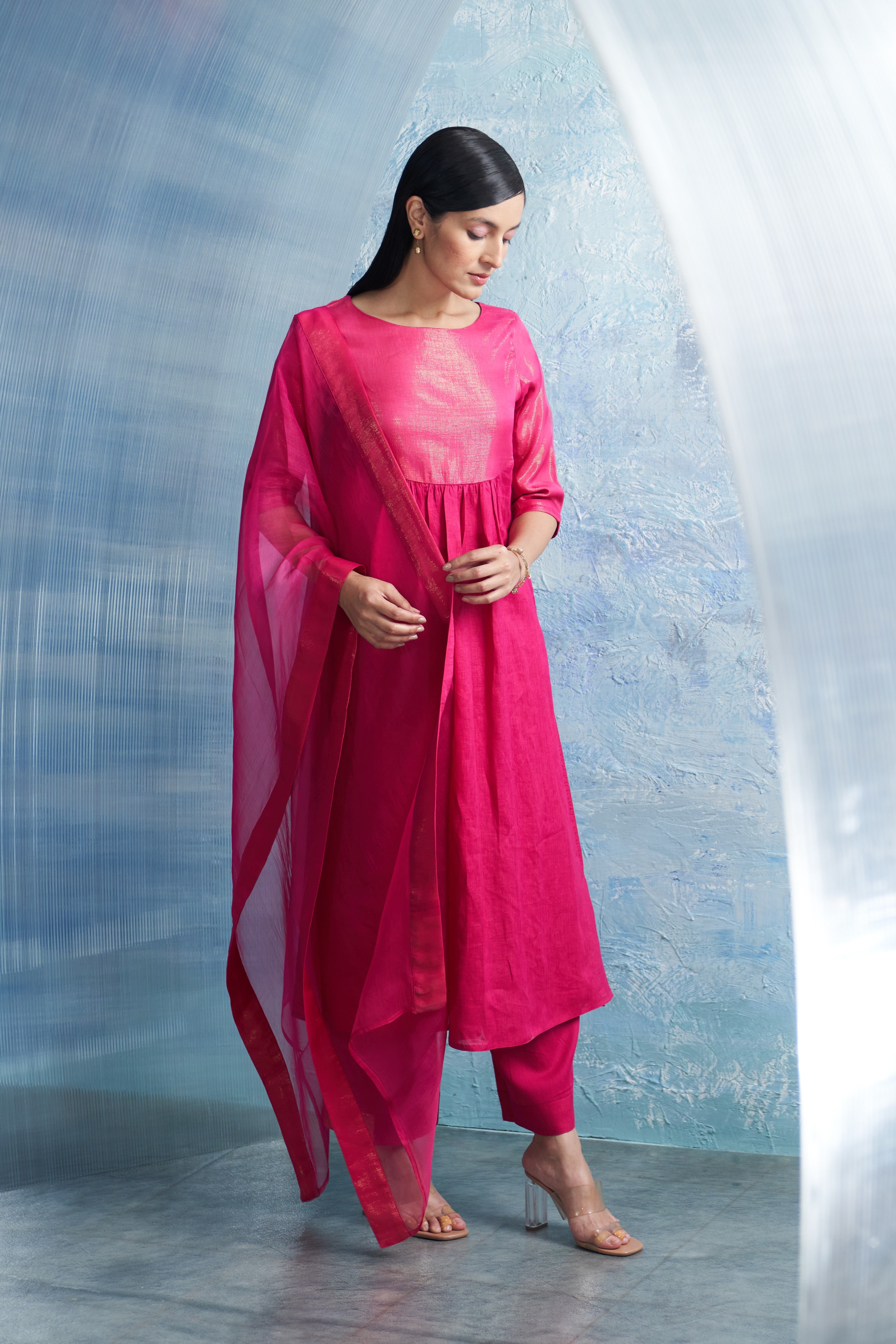 CY Charkhee Aura Fuchsia Pink Round Yoke Kurta Front 1