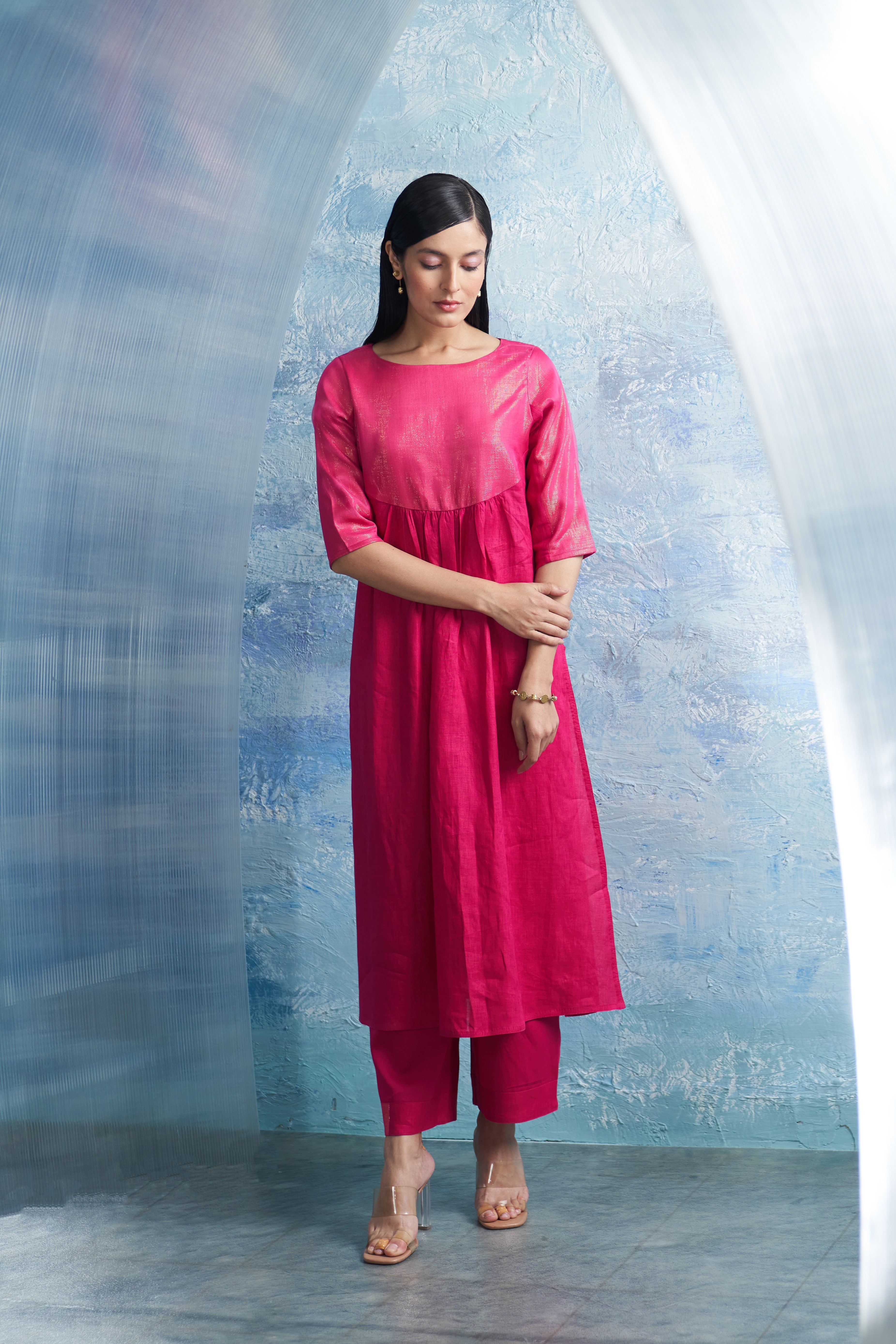 CY Charkhee Aura Fuchsia Pink Round Yoke Kurta Front 2