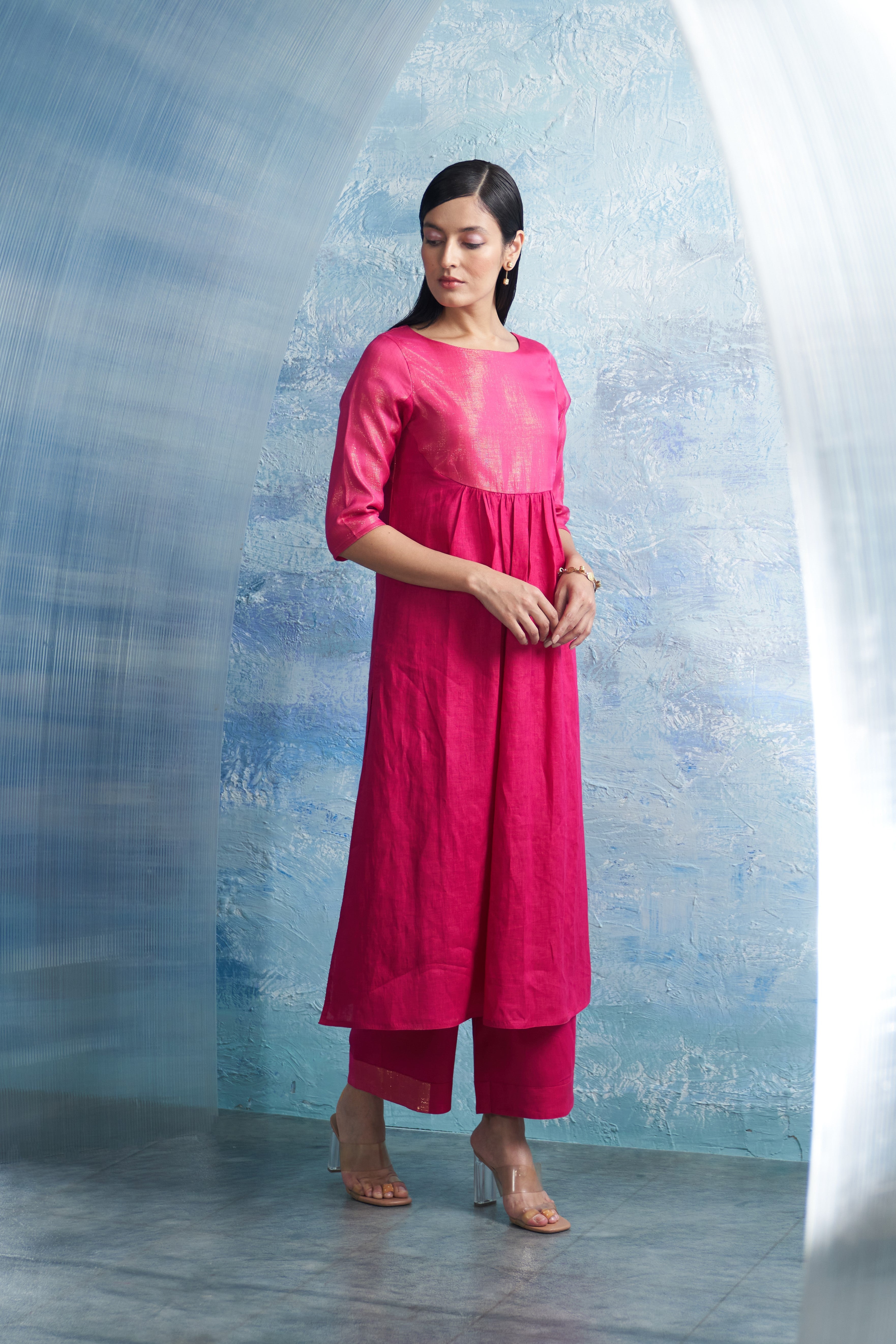 CY Charkhee Aura Fuchsia Pink Round Yoke Kurta Side 1