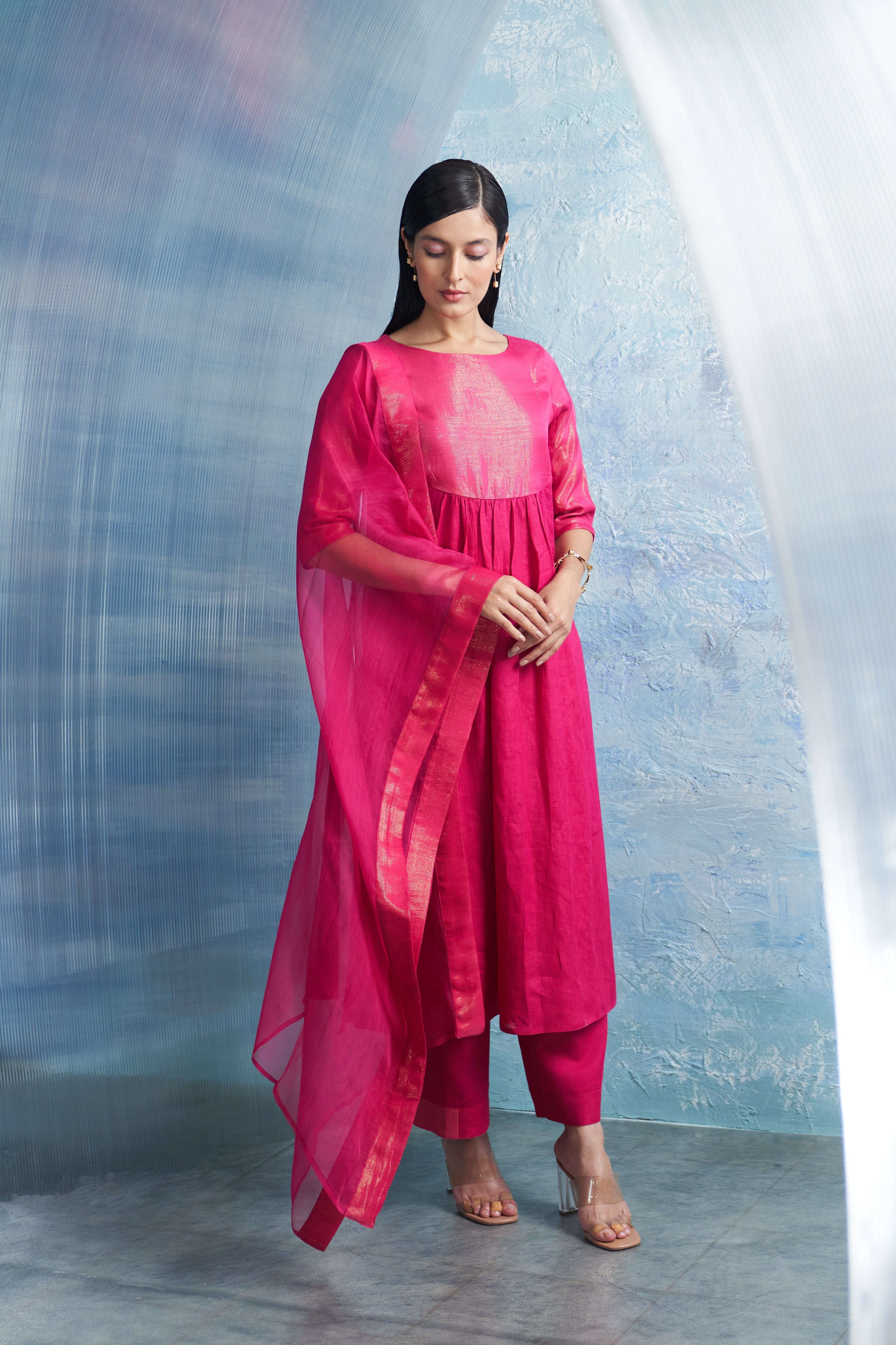 CY Charkhee Aura Fuchsia Pink Round Yoke Kurta Side 2