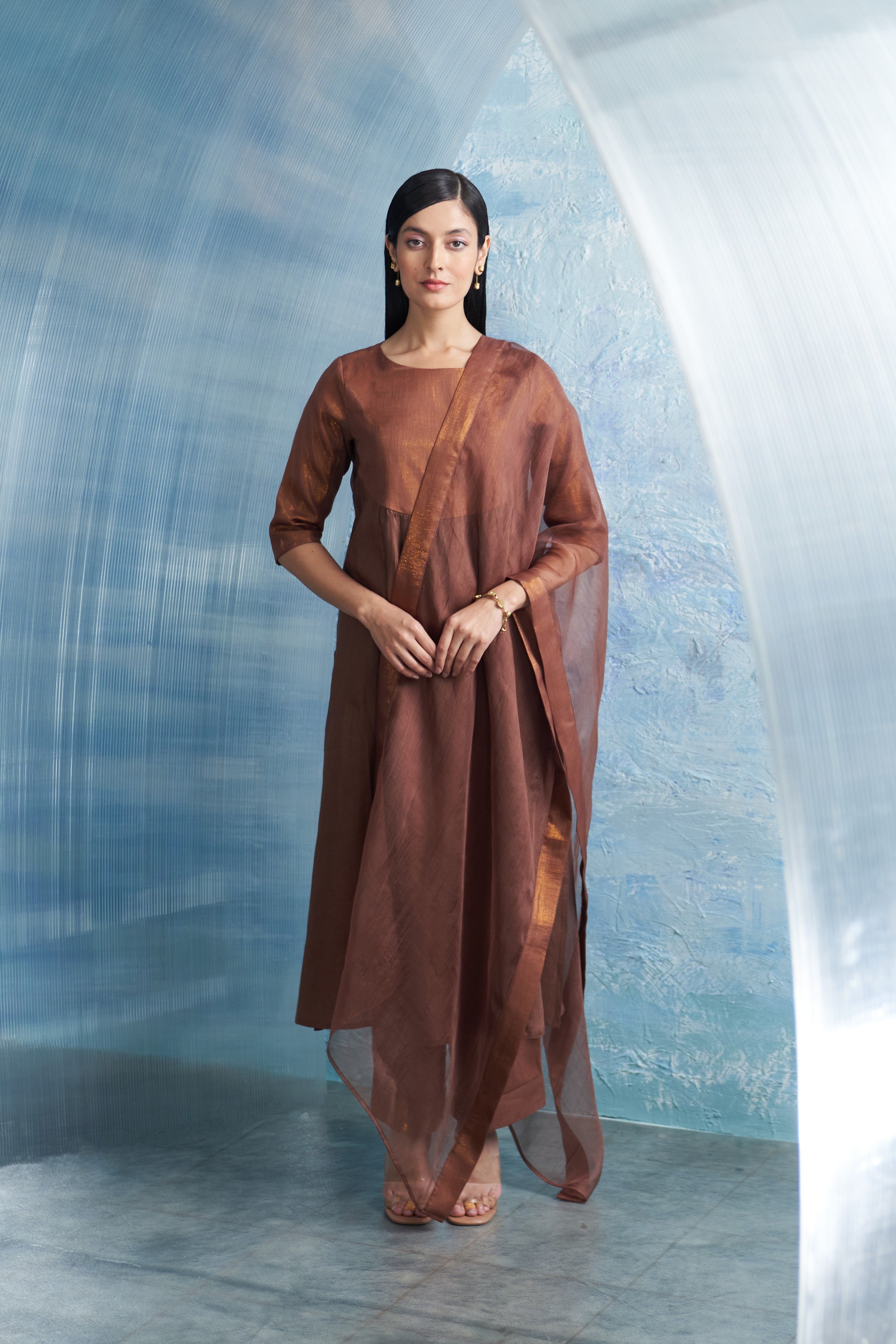 CY Charkhee Woody Brown Round Yoke Kurta Front 1