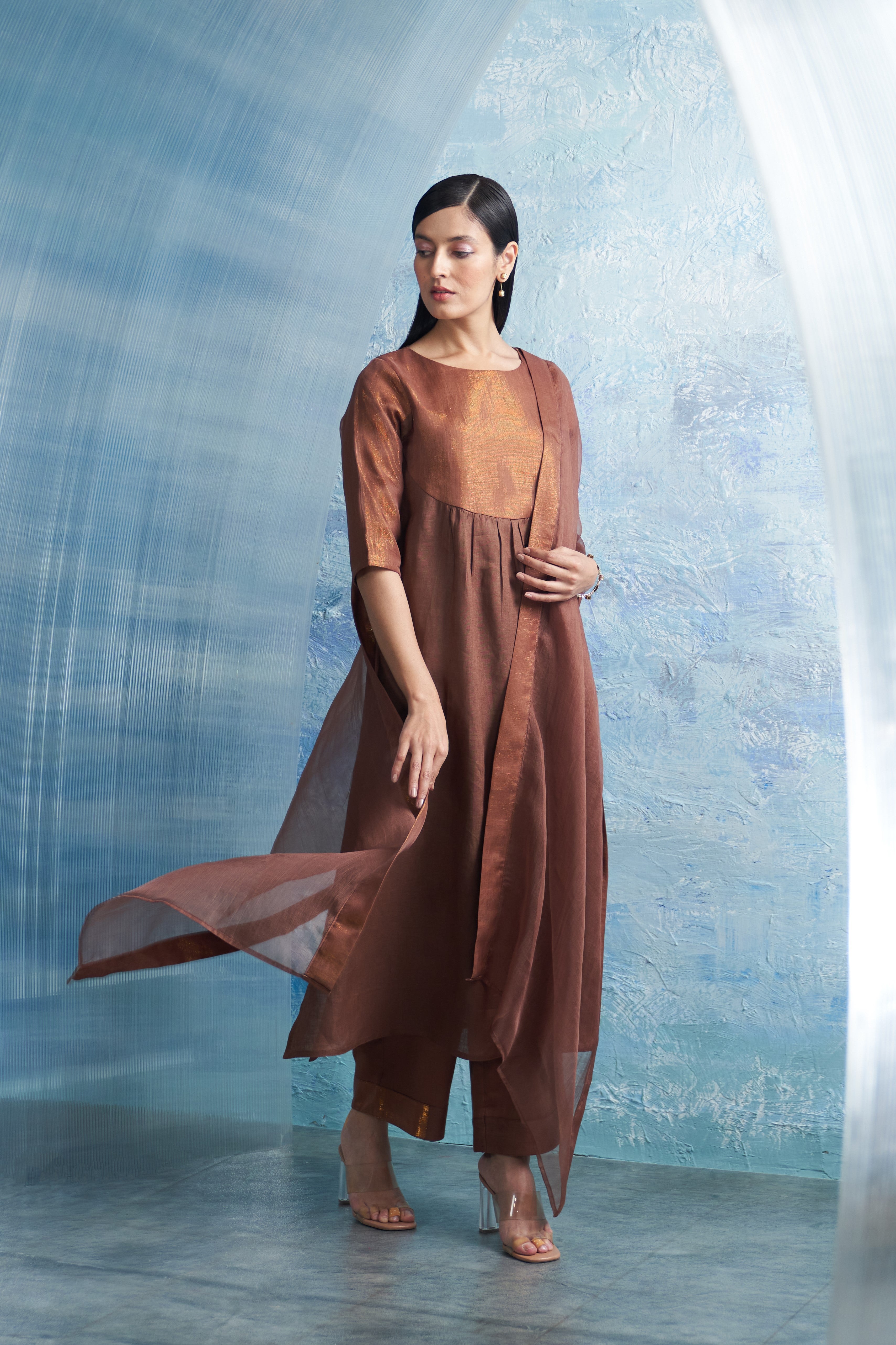 CY Charkhee Woody Brown Round Yoke Kurta Side 1