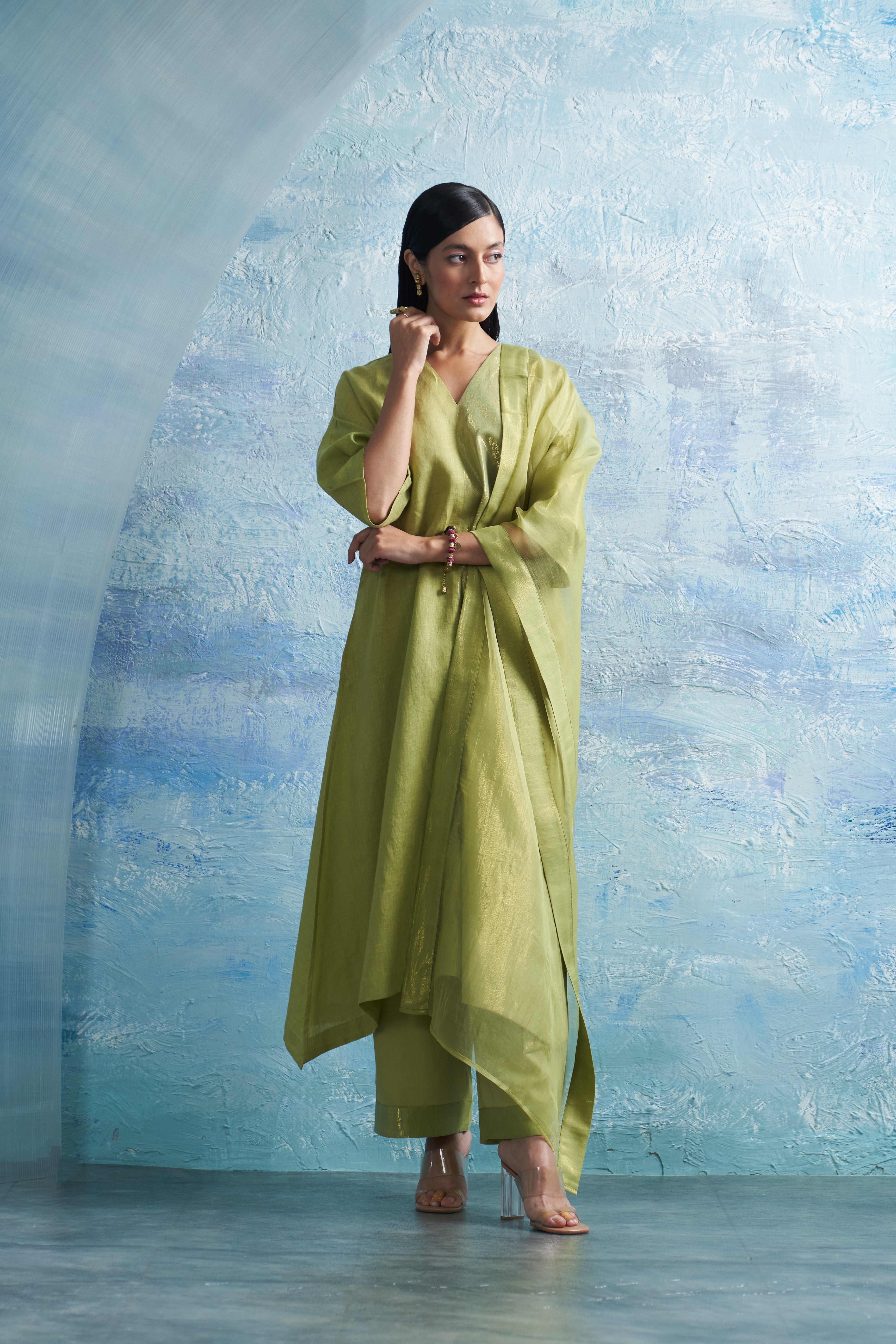 CY Charkhee Aura Sheen Green Kurta Front 1