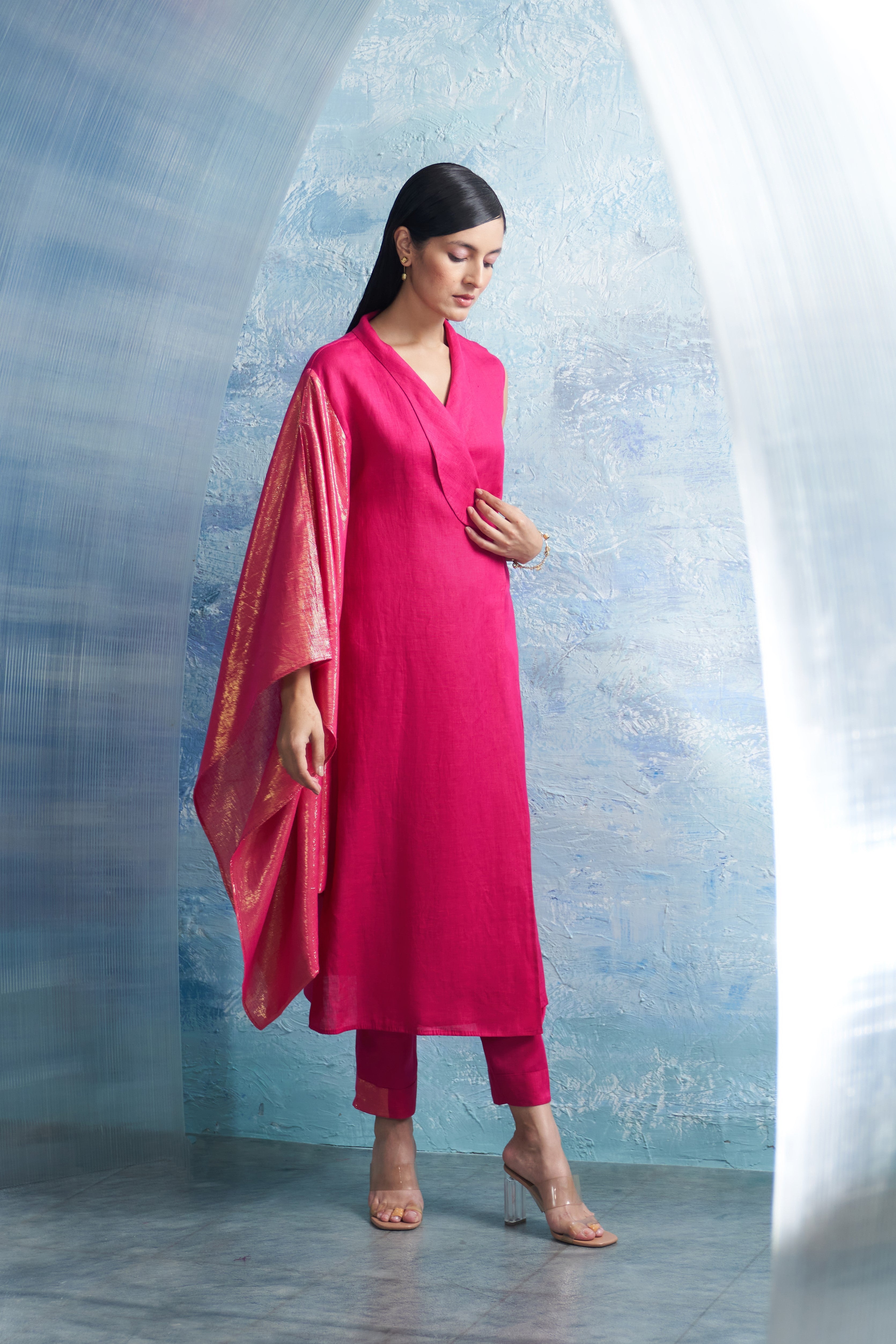 CY Charkhee Aura Fuchsia Pink Wrap Kurta Side 1