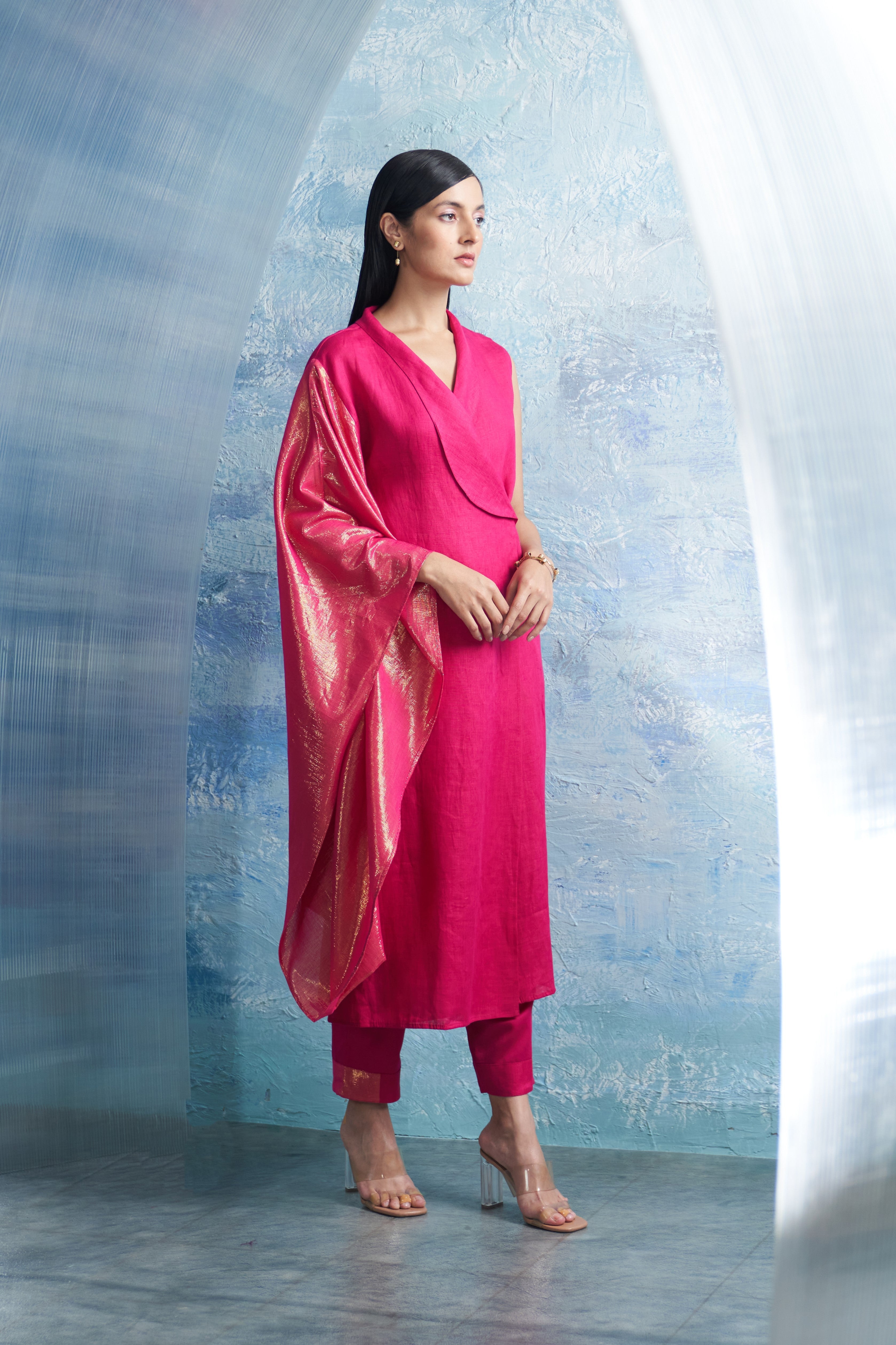 CY Charkhee Aura Fuchsia Pink Wrap Kurta Side 2