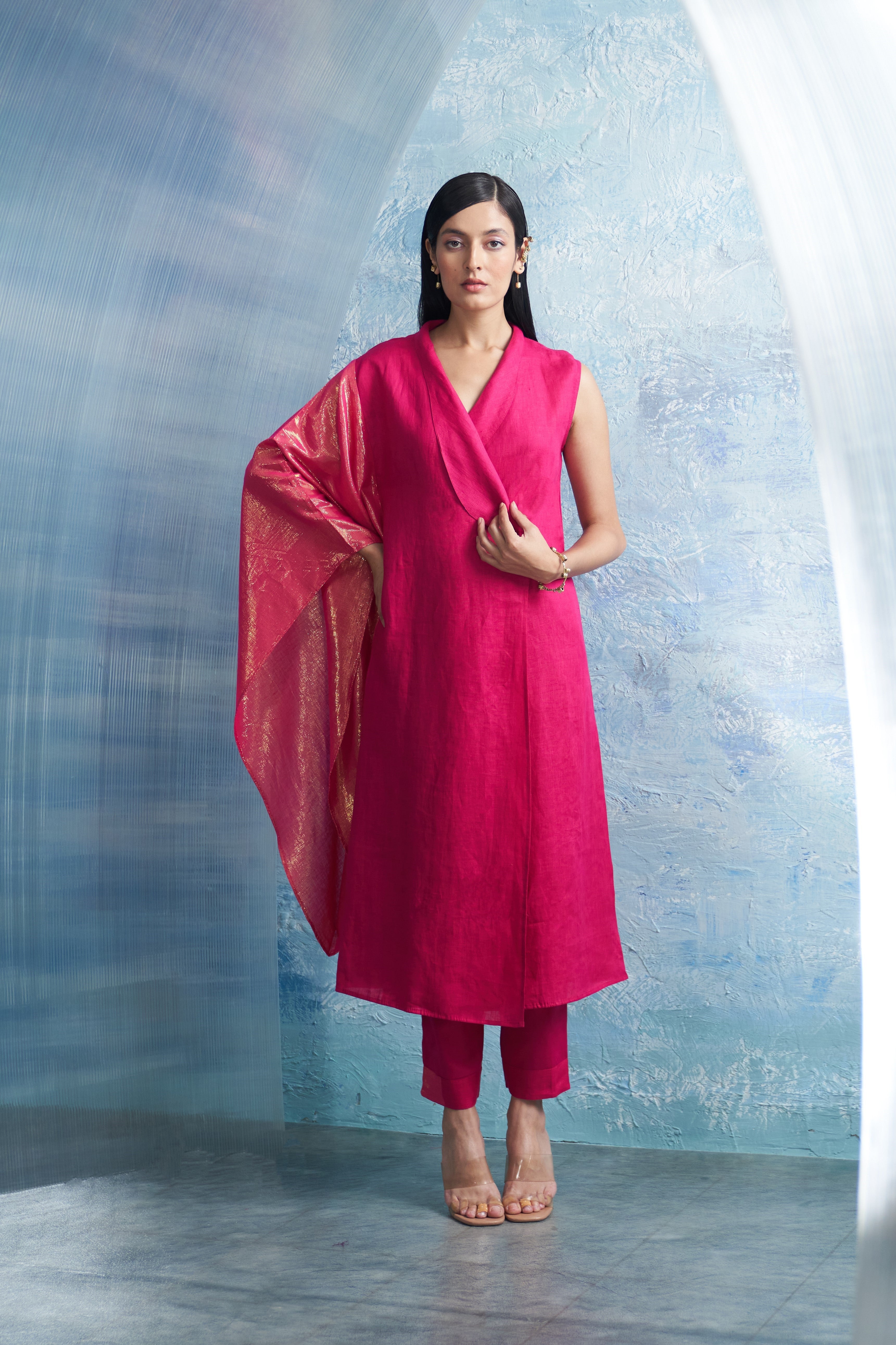 CY Charkhee Aura Fuchsia Pink Wrap Kurta Front 2