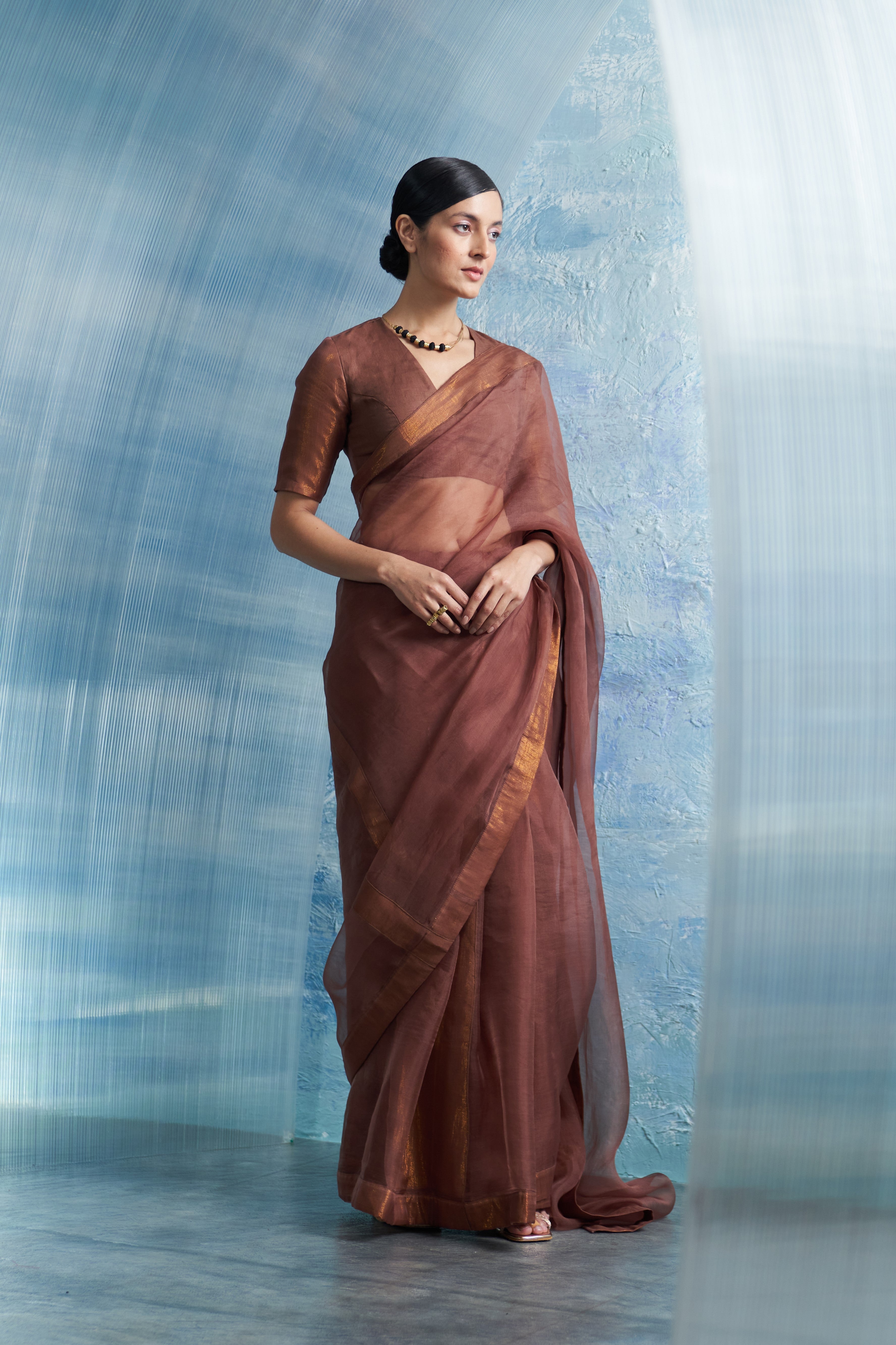 CY Charkhee Aura Woody Brown Saree With Sleeve Blouse Side 1