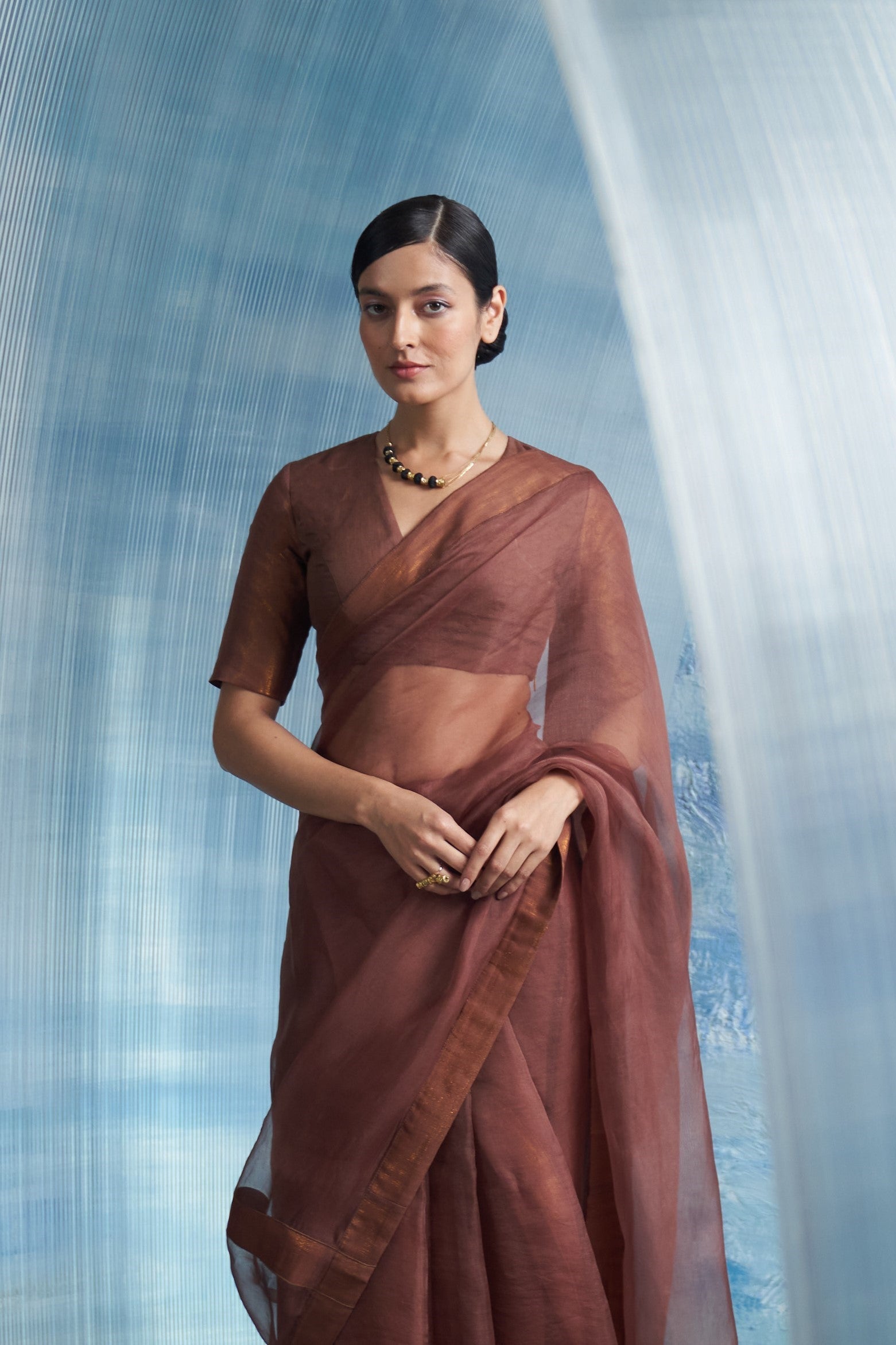 CY Charkhee Aura Woody Brown Saree With Sleeve Blouse Front 1