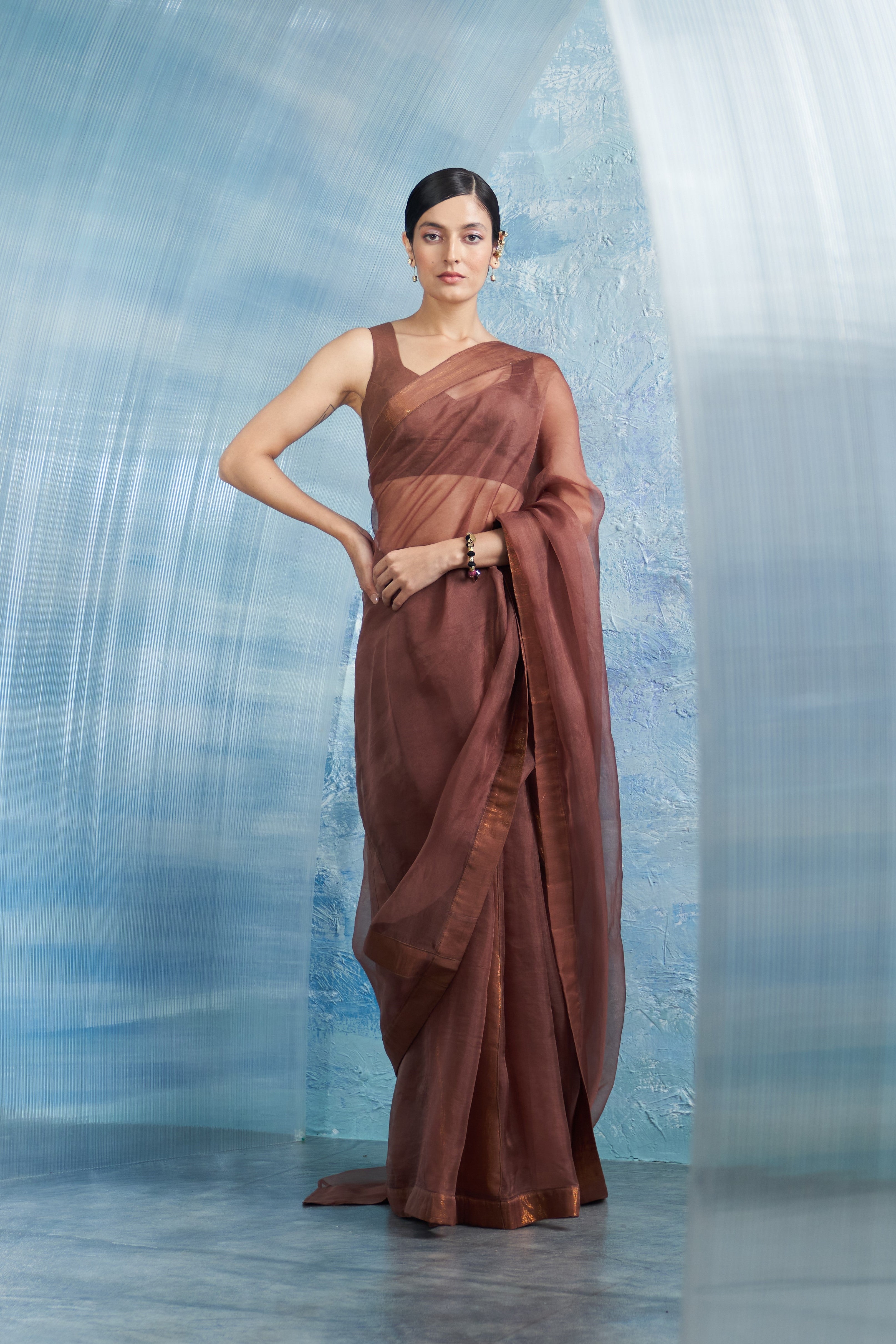 CY Charkhee Aura Woody Brown Saree With Sleeveless Blouse Front 1