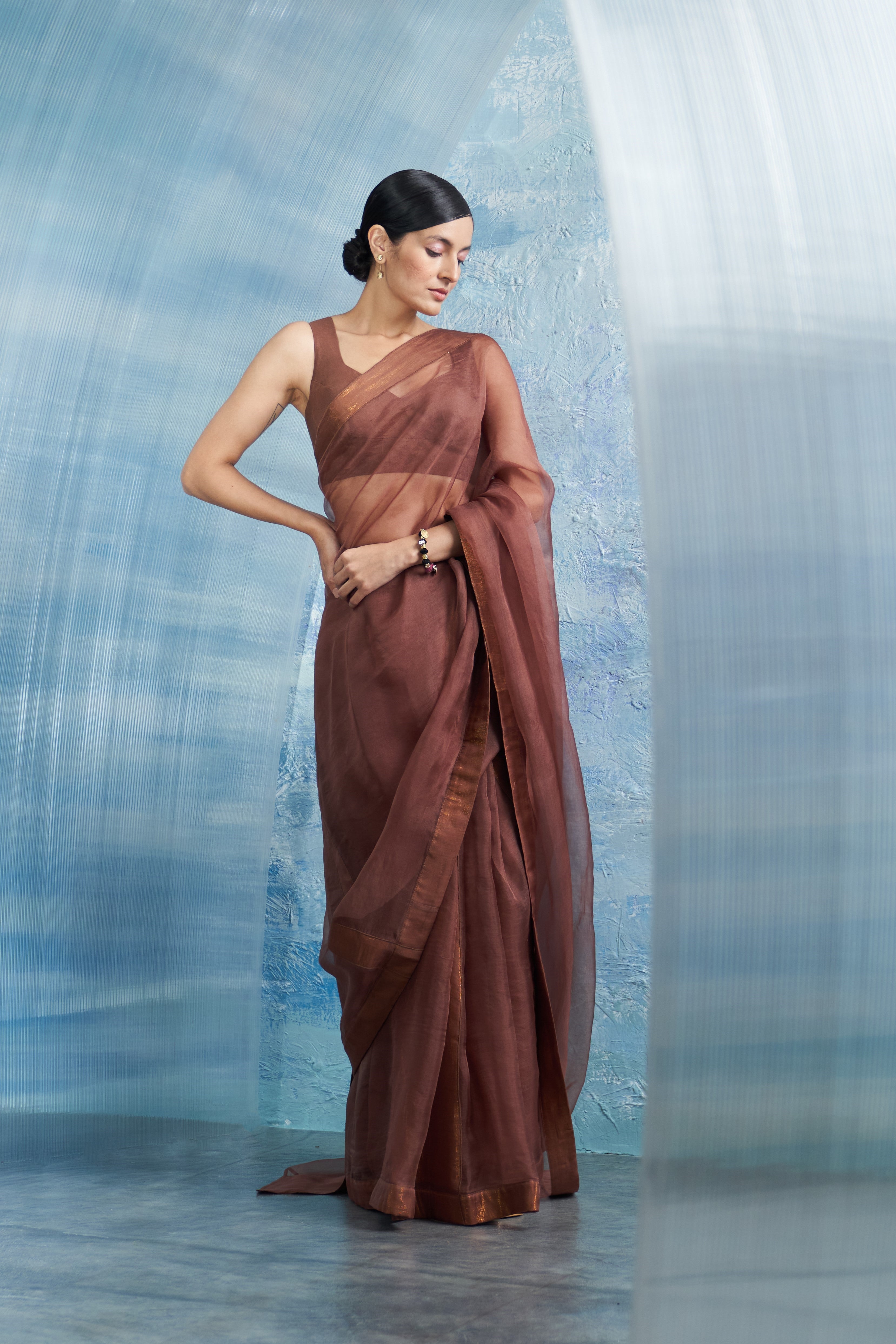 CY Charkhee Aura Woody Brown Saree With Sleeveless Blouse Front 2