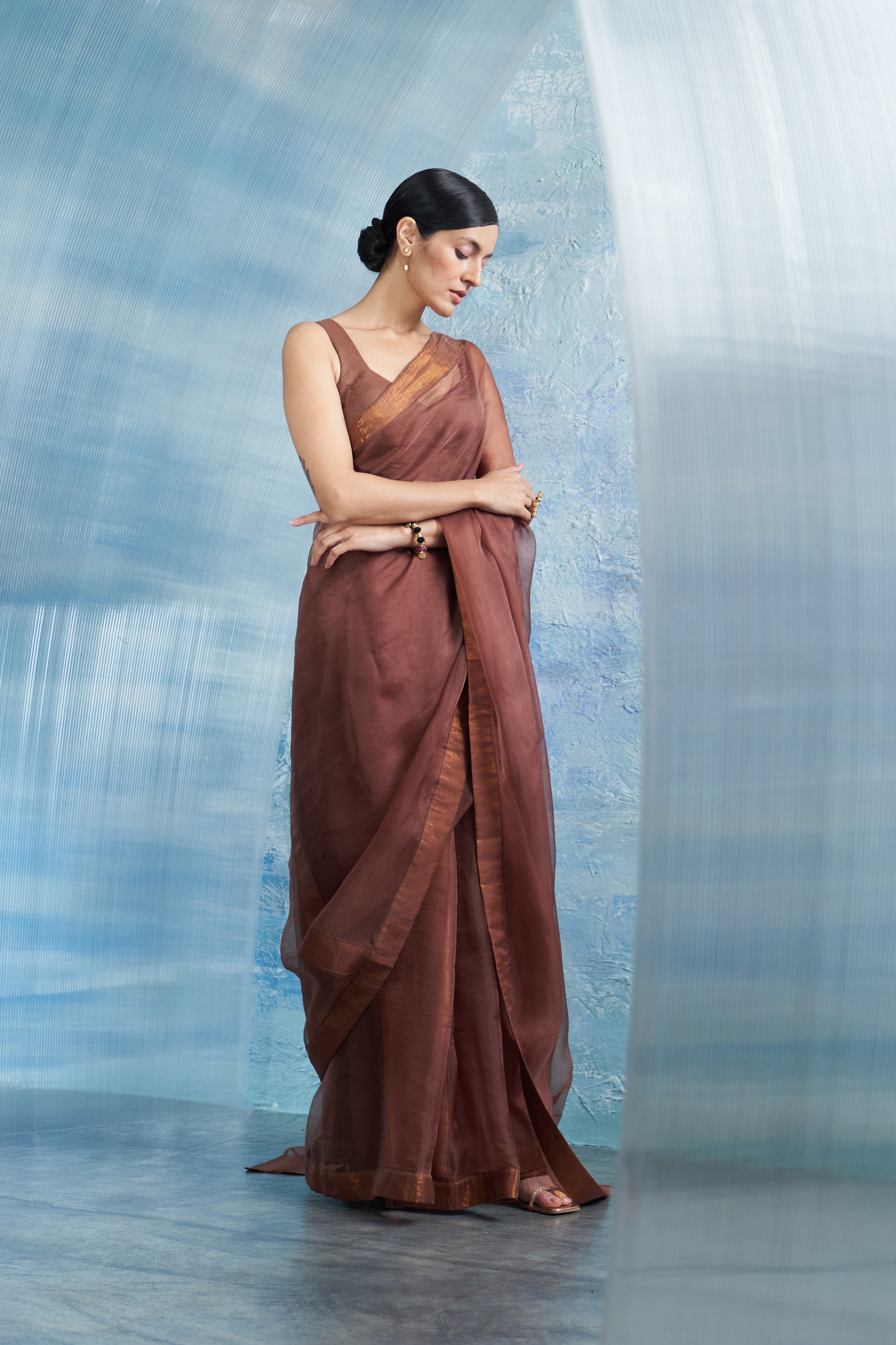 CY Charkhee Aura Woody Brown Saree With Sleeveless Blouse Side 1