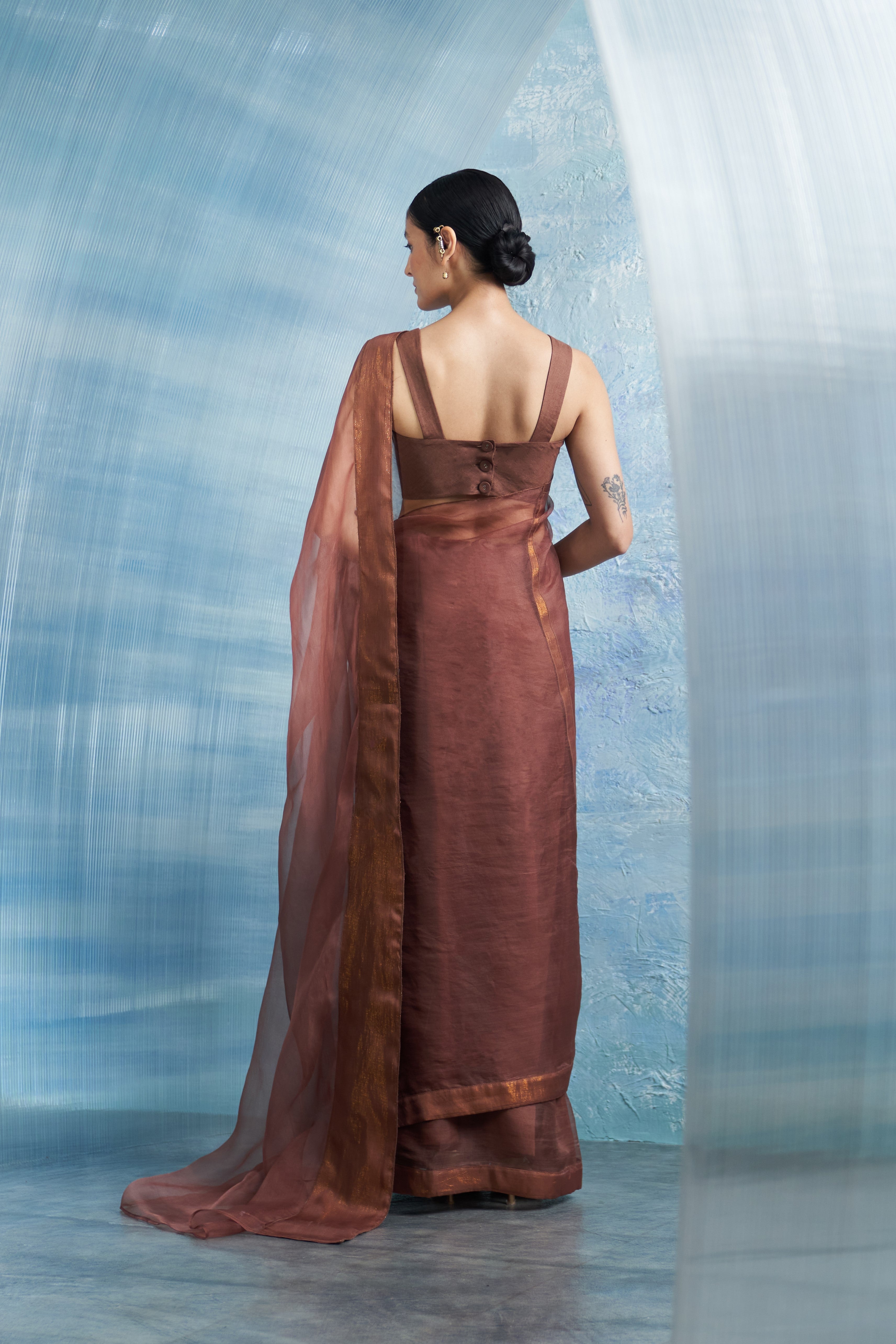 CY Charkhee Aura Woody Brown Saree With Sleeveless Blouse Back 1