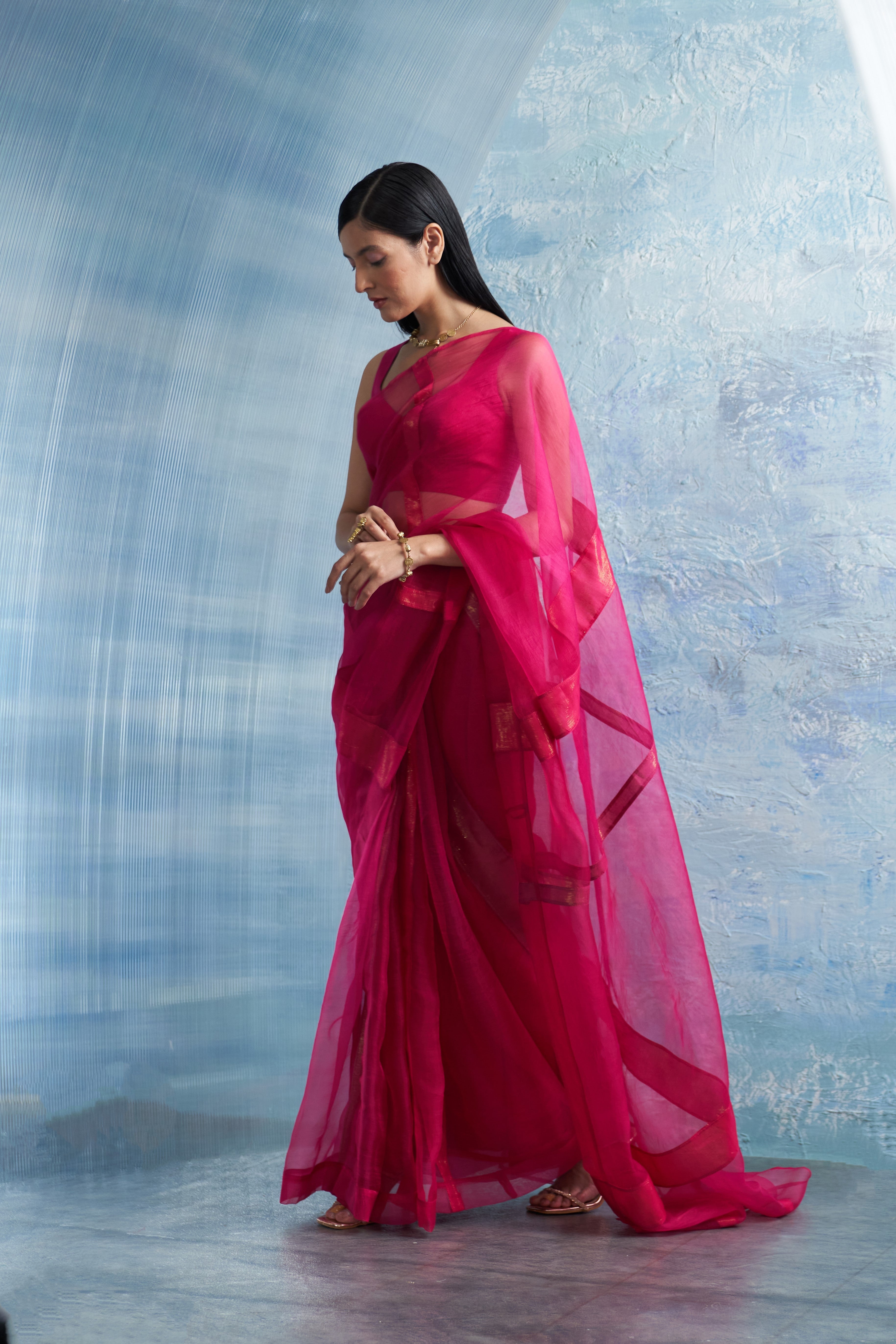 CY Charkhee Aura Fuchsia Pink Organza Saree Side 1