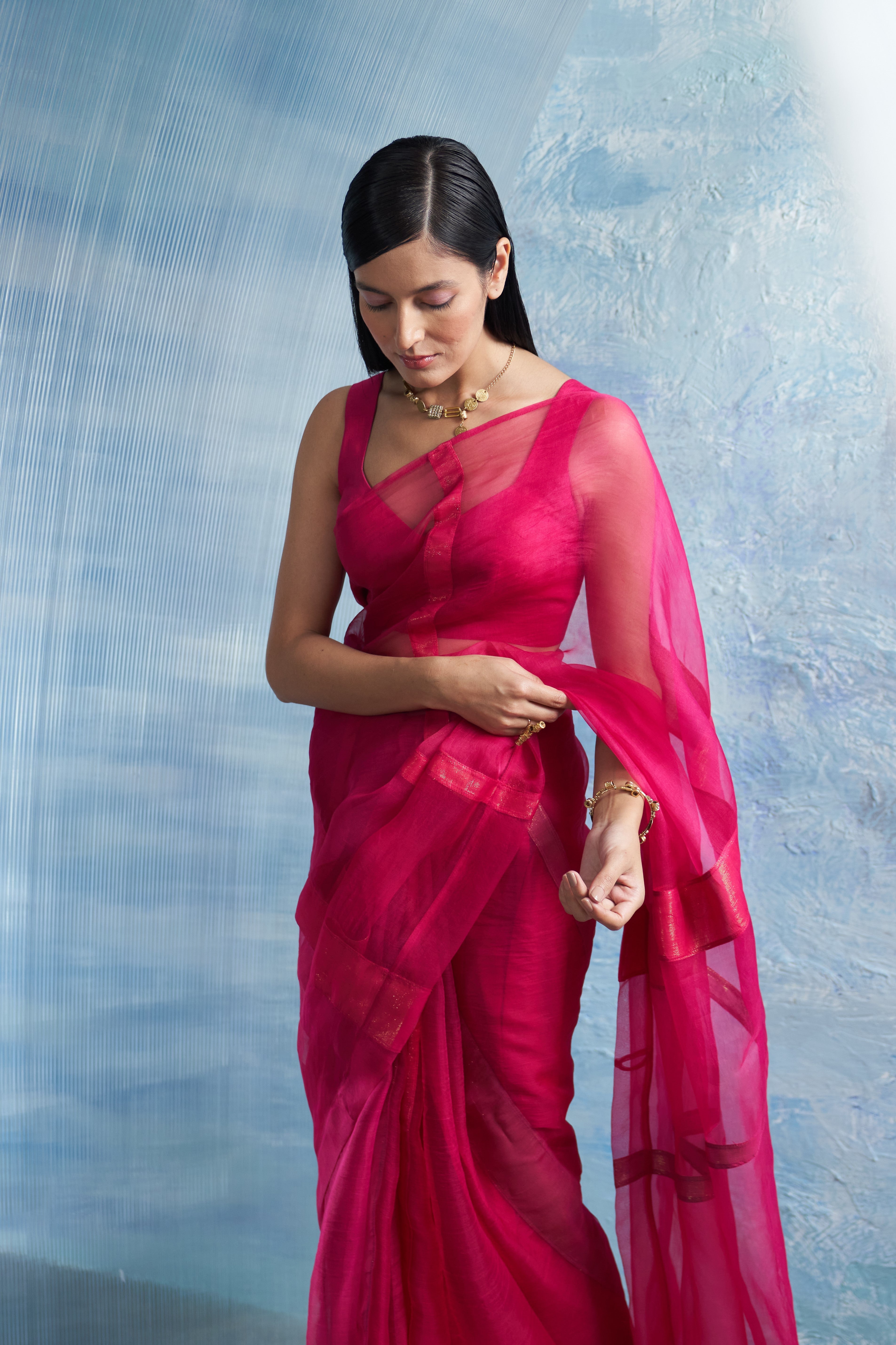 CY Charkhee Aura Fuchsia Pink Organza Saree Front 2