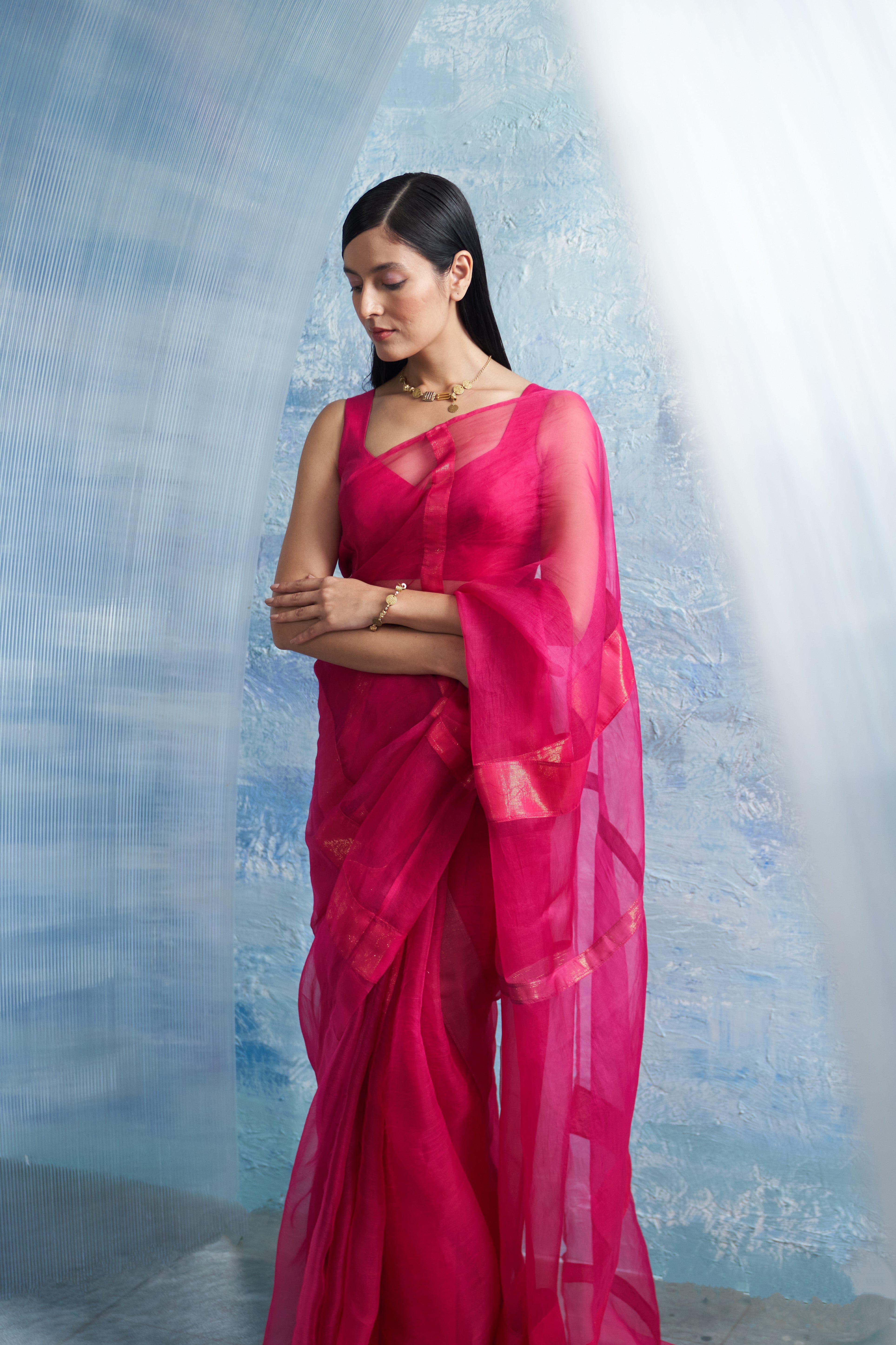 CY Charkhee Aura Fuchsia Pink Organza Saree Side 2