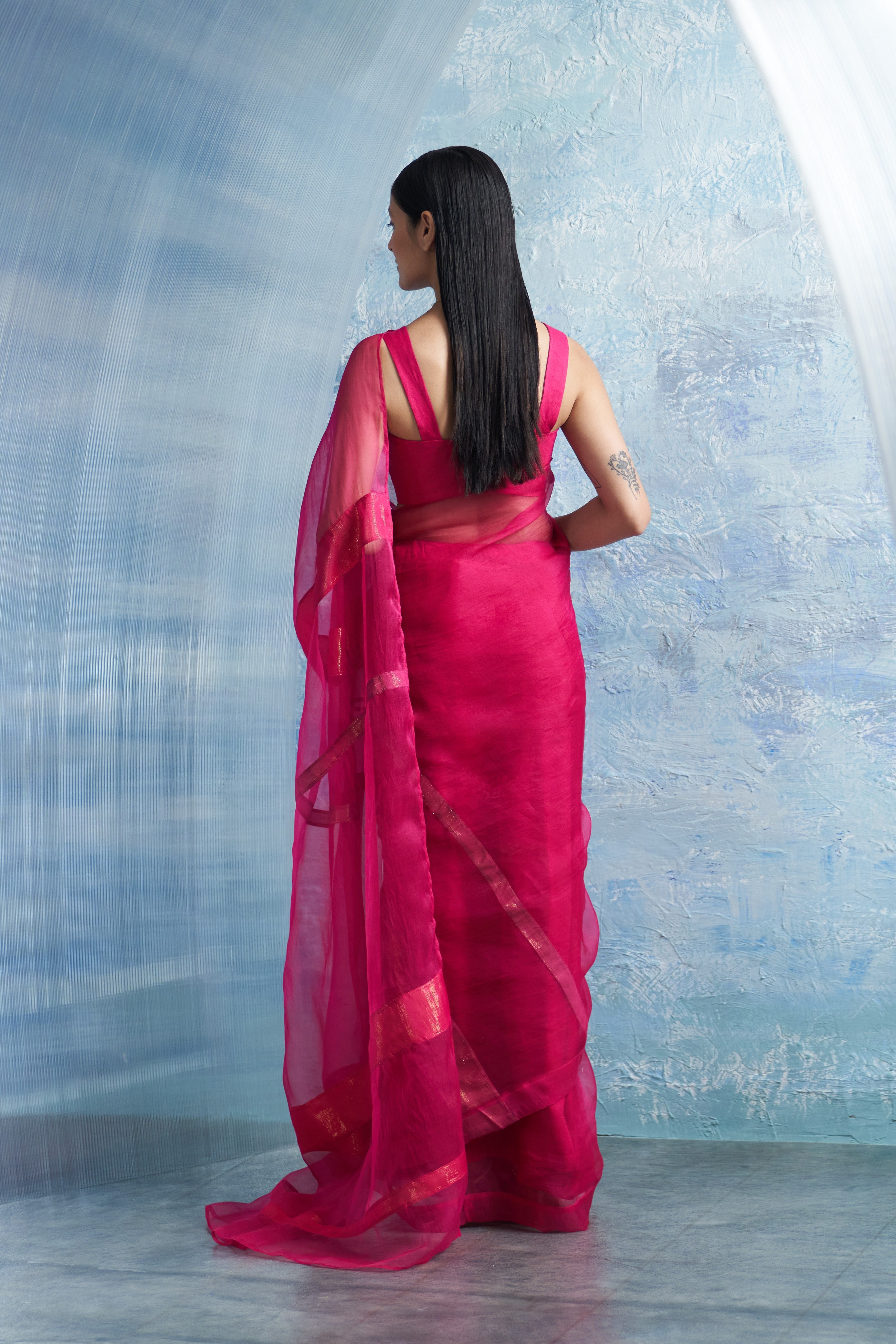 CY Charkhee Aura Fuchsia Pink Organza Saree Back 1