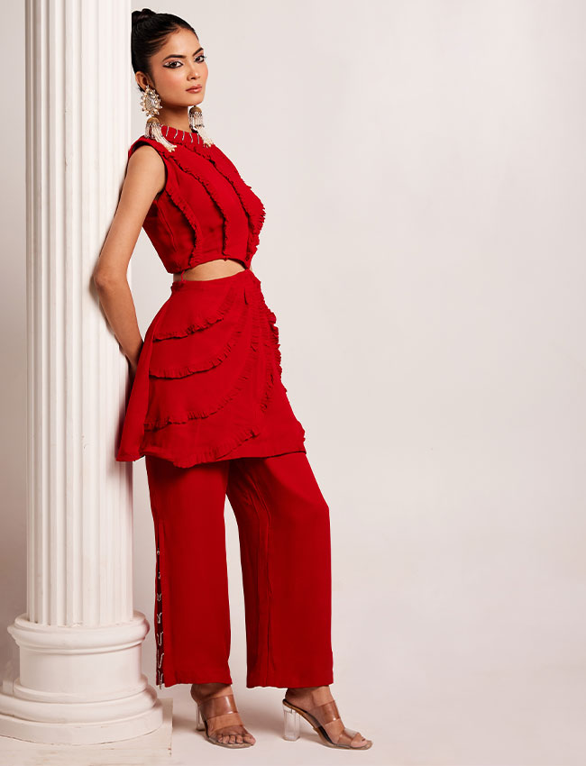 CY Saadgi Nagpal Crimson Cutout Co-Ord Set Side 1