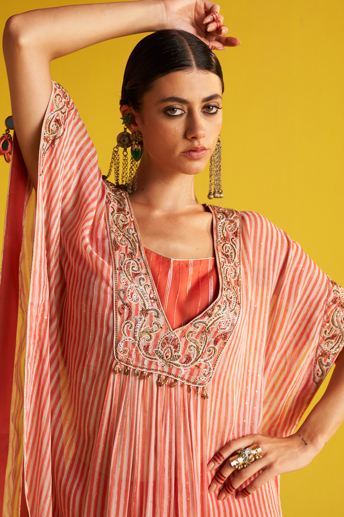 CY Studio Bagechaa Preeti Peach Kaftan Set Closeup 1