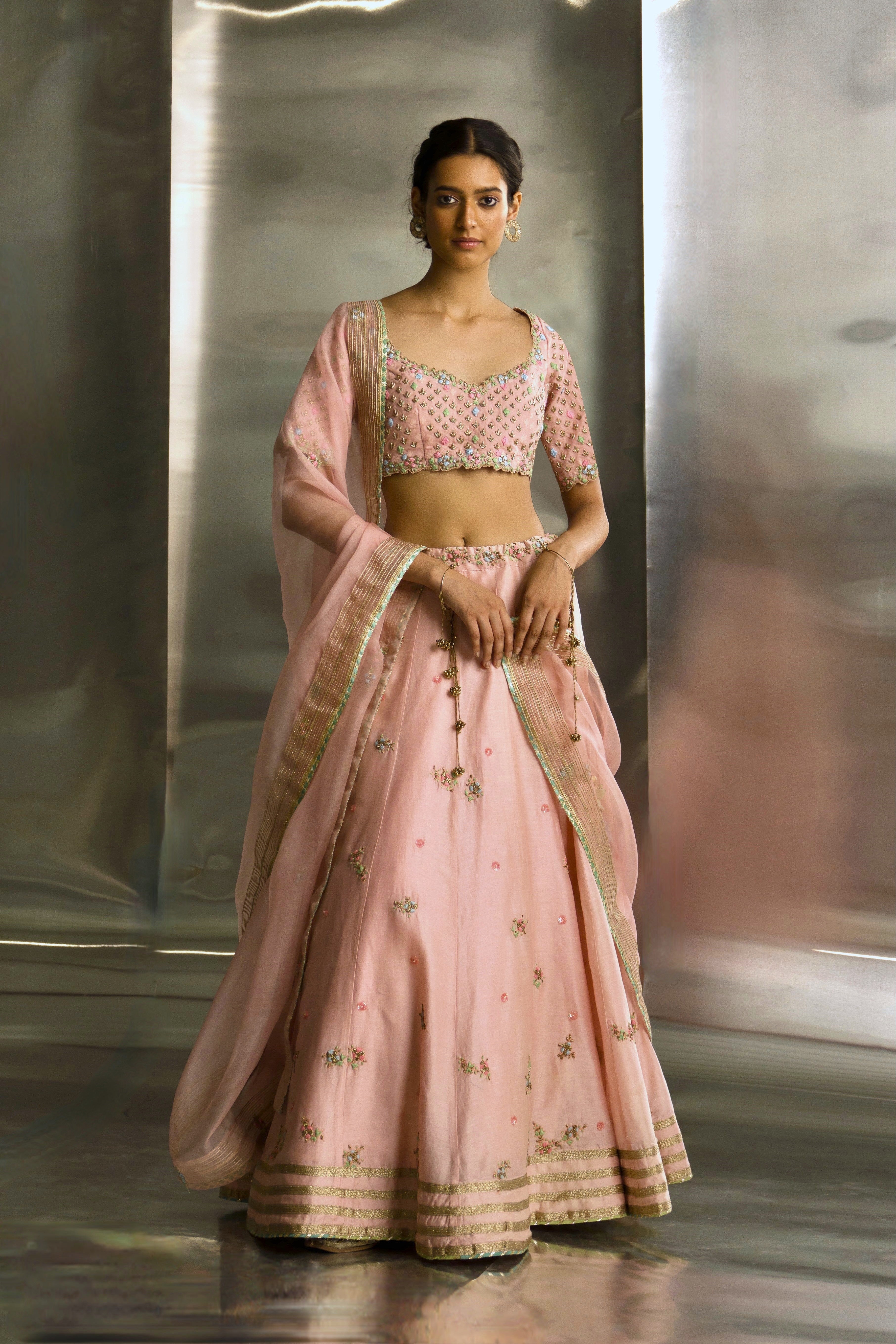 CY Charkhee Light Pink Embroidered Lehenga Front 1