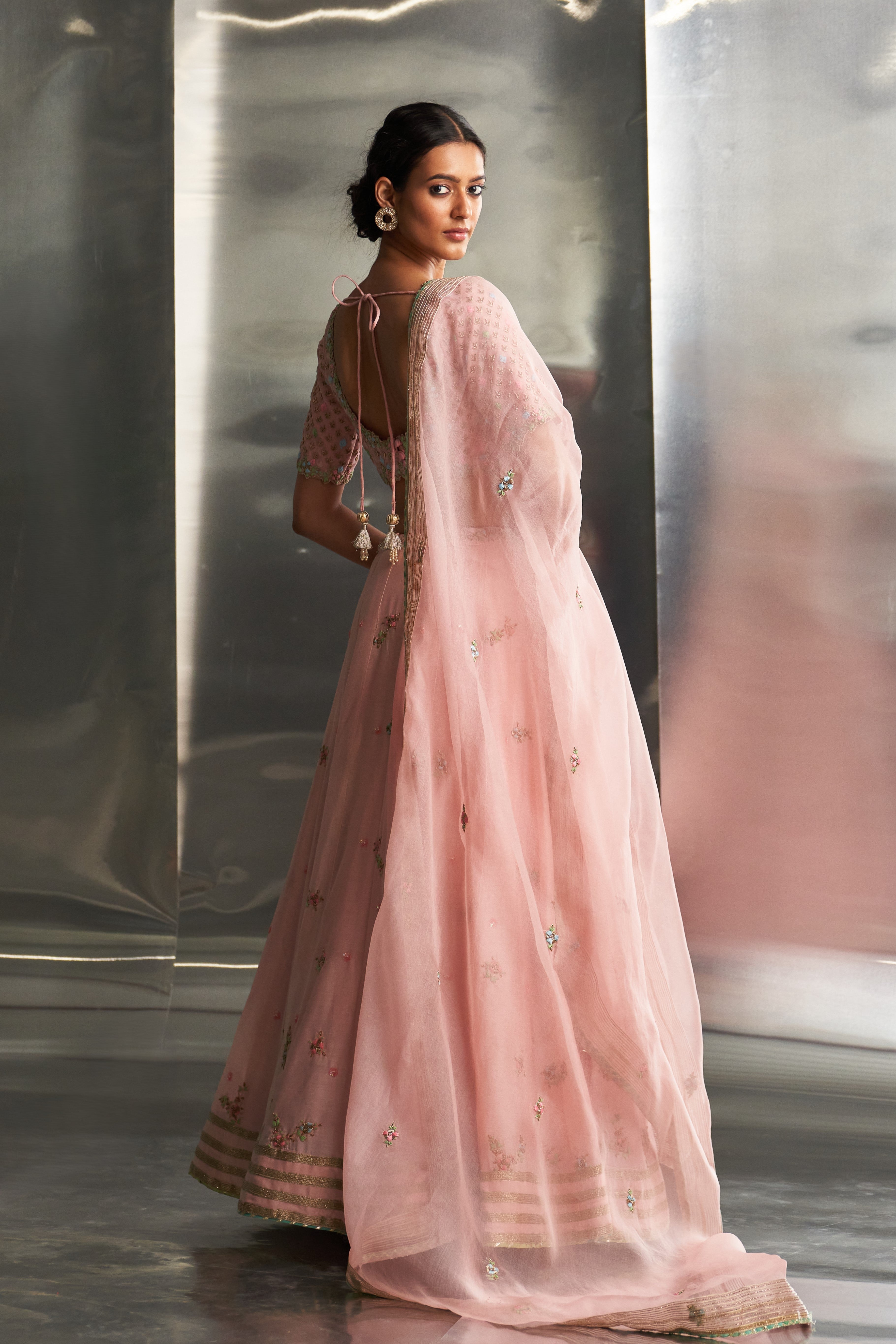 CY Charkhee Light Pink Embroidered Lehenga Side 1