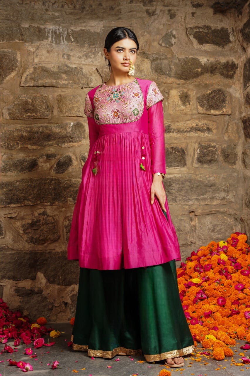 Shabnam-Sizzling Pink With Emerald Green Sharara Set