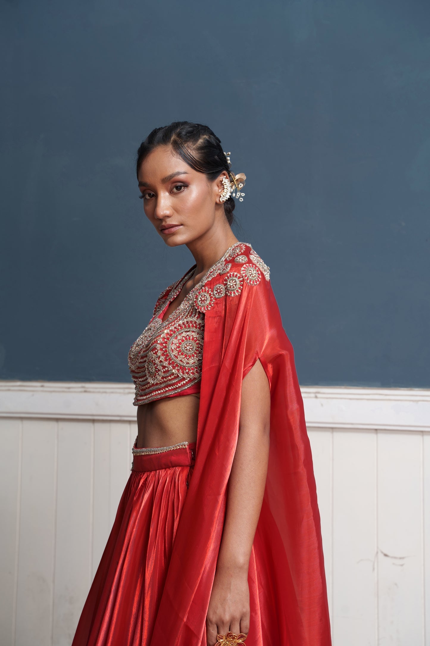 Sirius-Nakshatra Red Hand Embroidered Lehengas With Over Coat