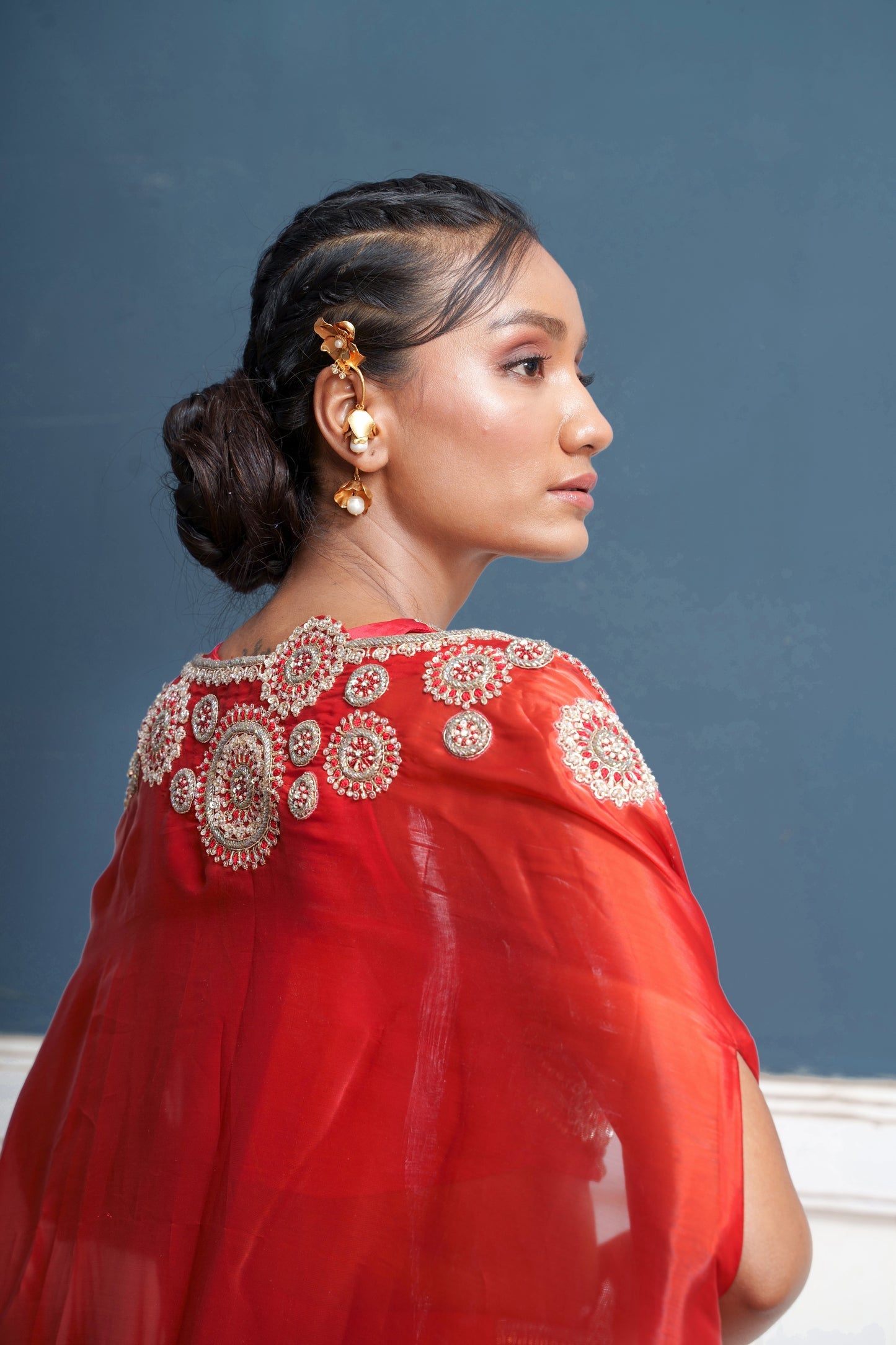 Sirius-Nakshatra Red Hand Embroidered Lehengas With Over Coat