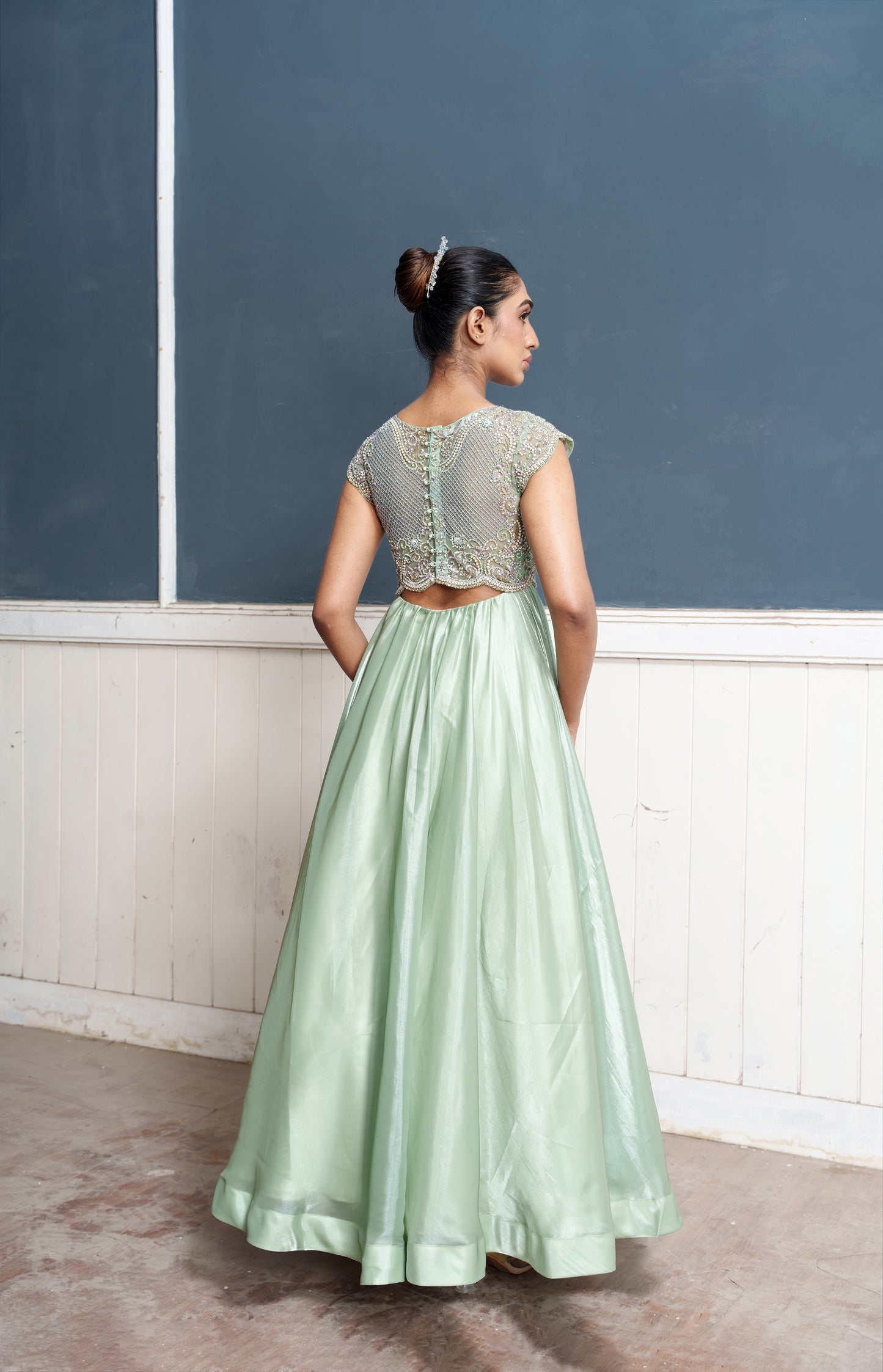 Traksh-Sage Green Embroidered Cut Out Dress