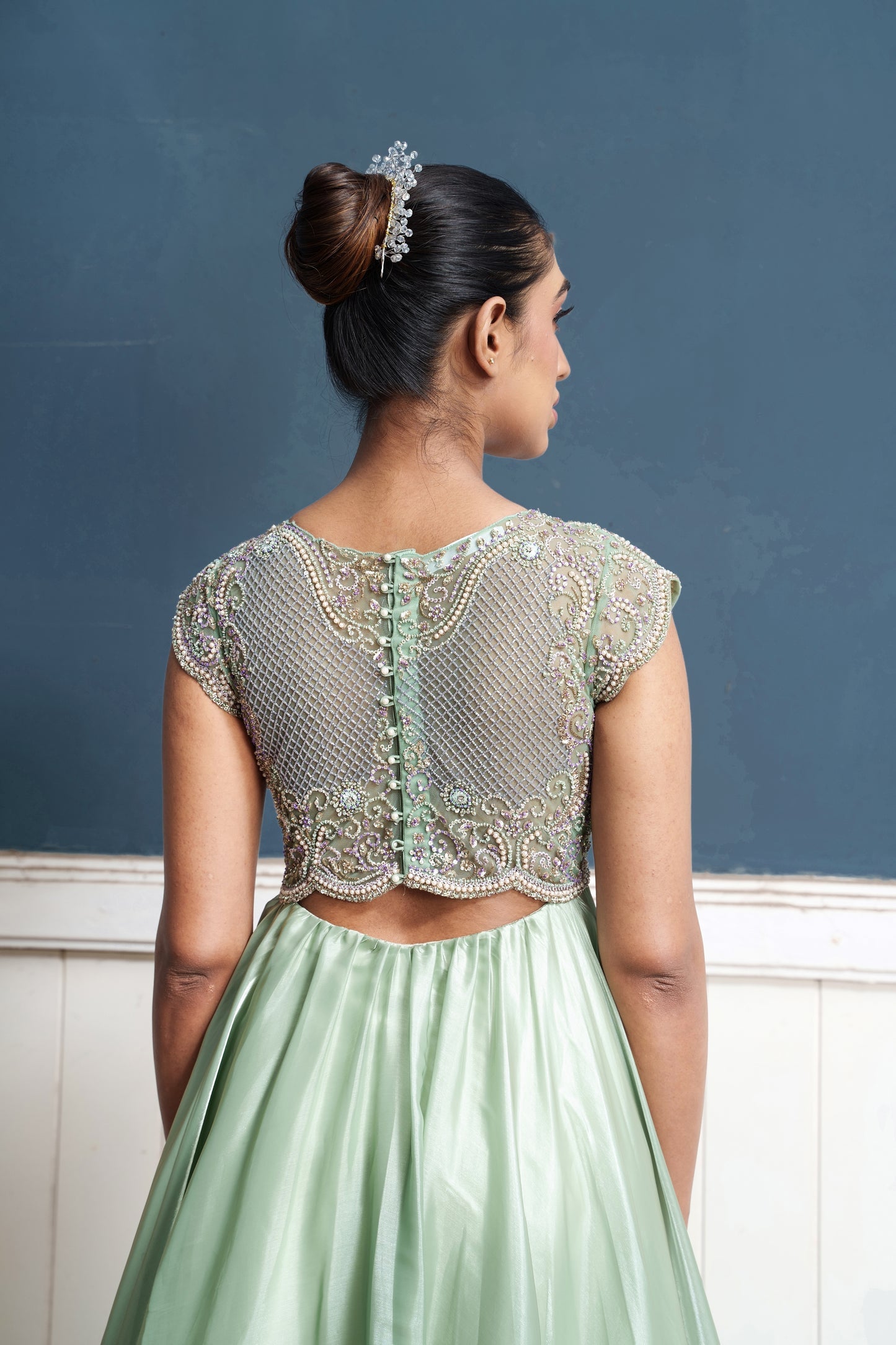 Traksh-Sage Green Embroidered Cut Out Dress