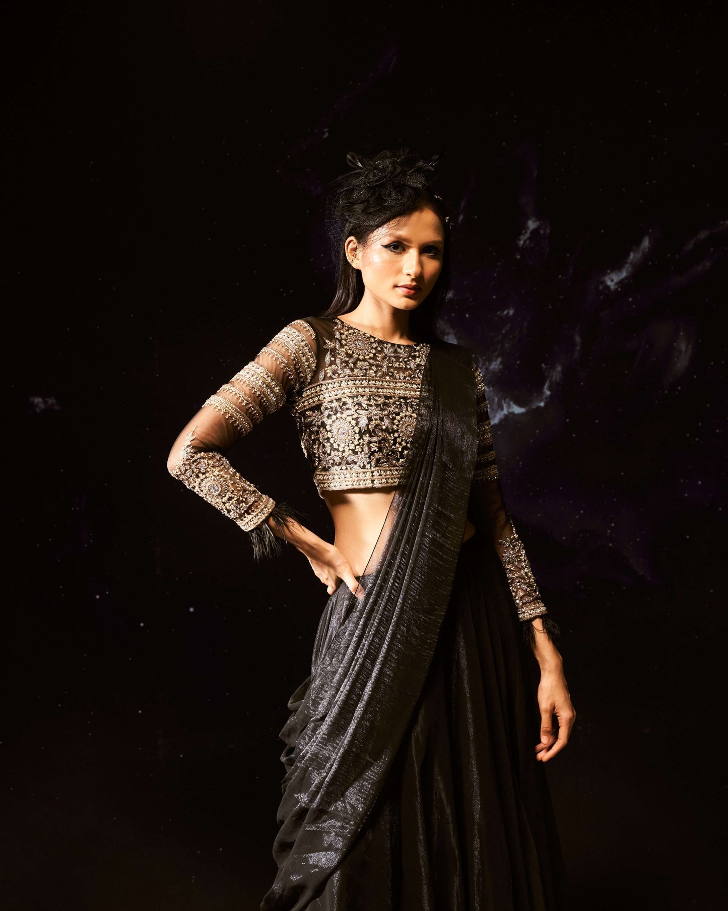 Dara-Nakshatra Black Ore Draped Saree With Intricate Embroidered Blouse