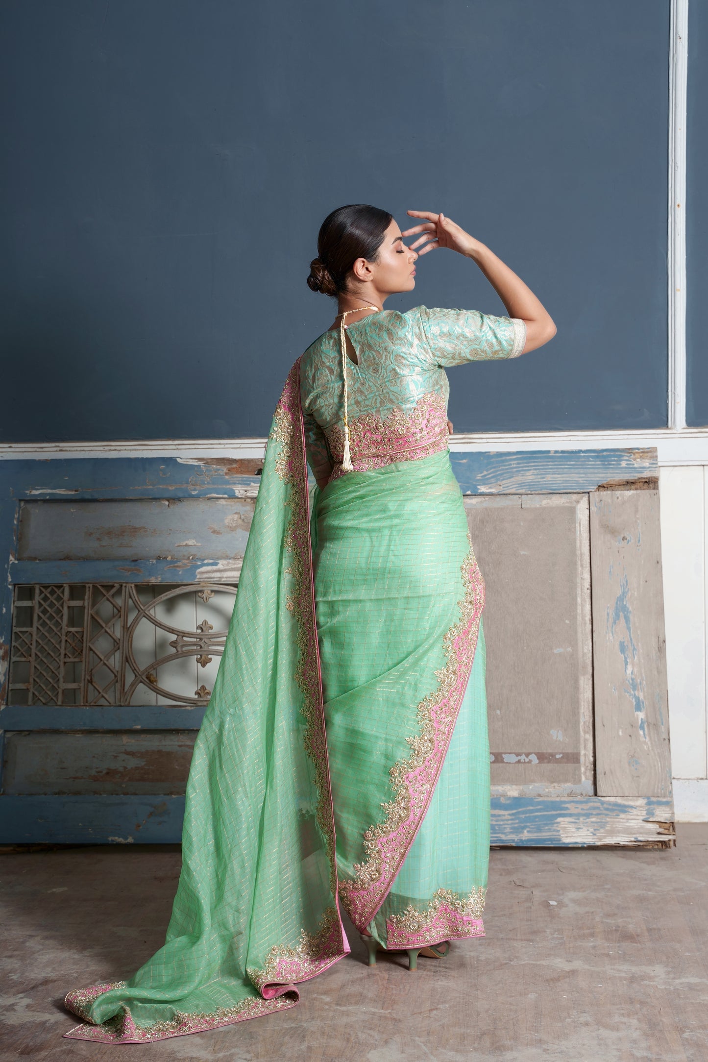 Tara -Jade Green Raw Silk Embroidered Saree With Banaras Blouse