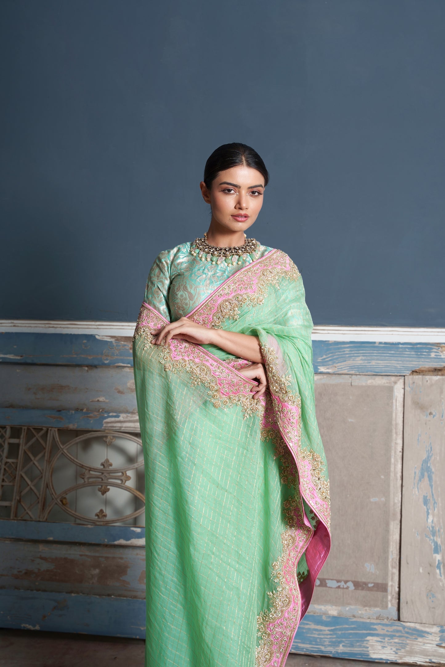 Tara -Jade Green Raw Silk Embroidered Saree With Banaras Blouse