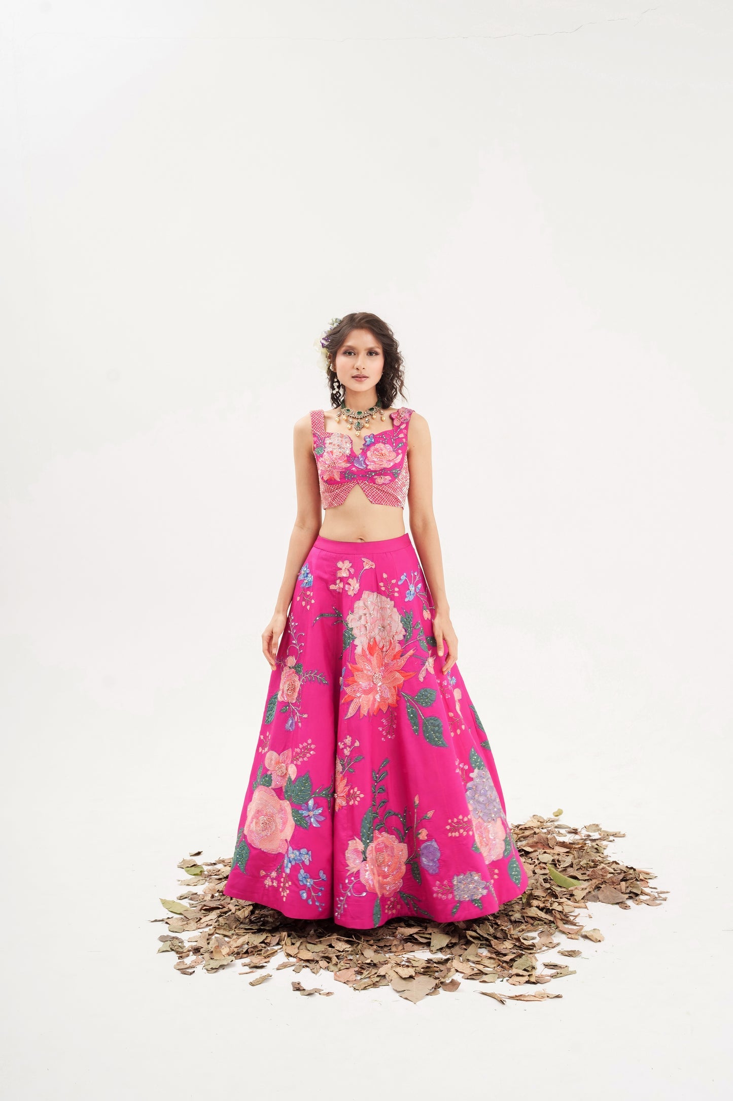 Ornate Nakshatra Fuschia Pink hand Embroidered Lehenga Set